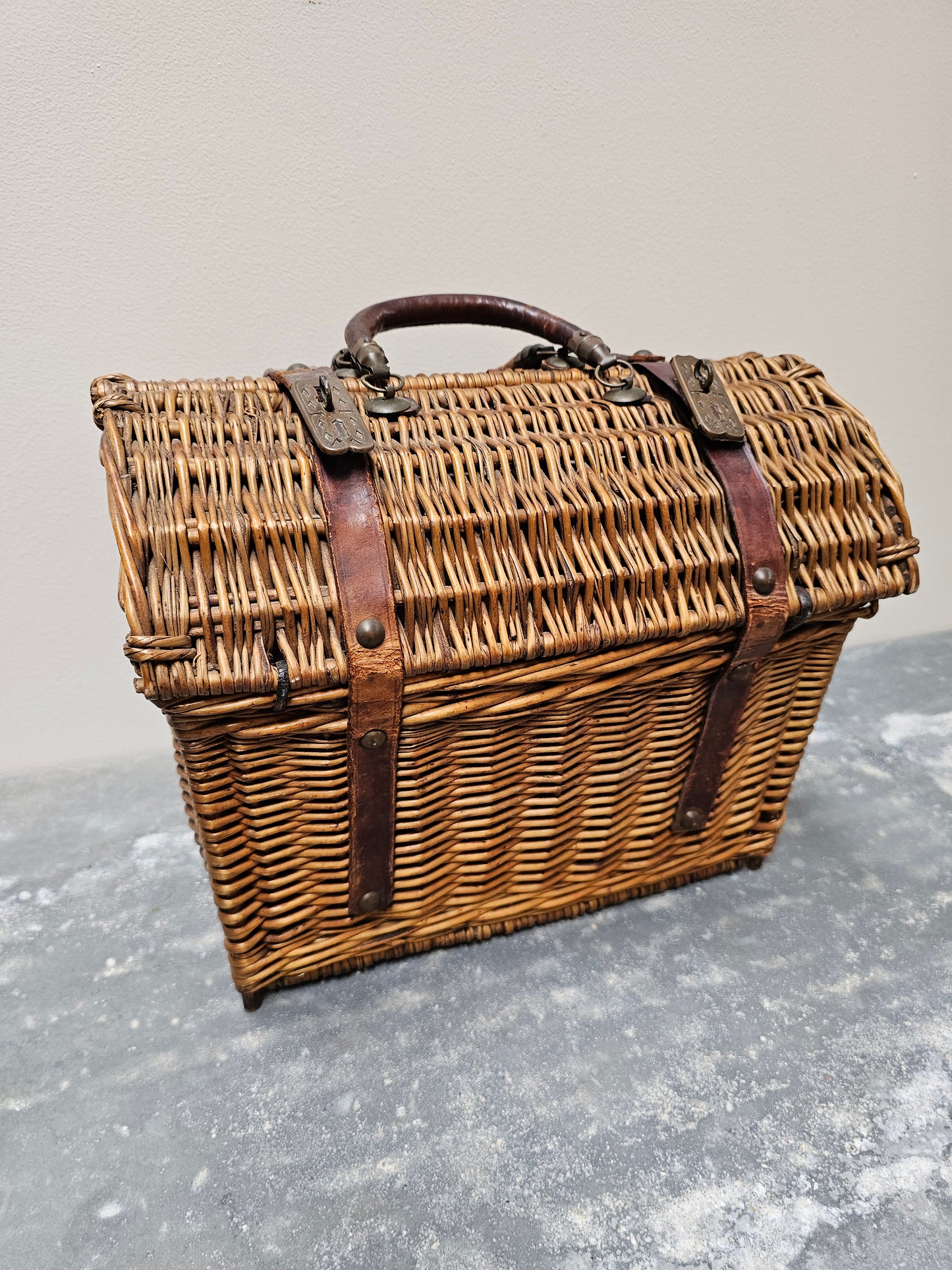 Antique French Large Cane Basket with Pink Floral Lining