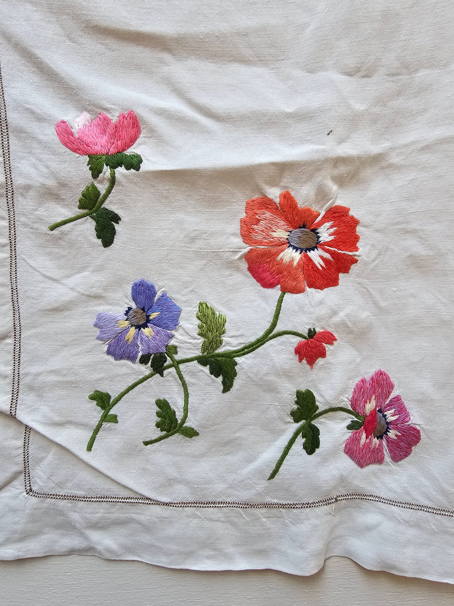 Vintage French Floral Embroidered Fabric Cotton Piece