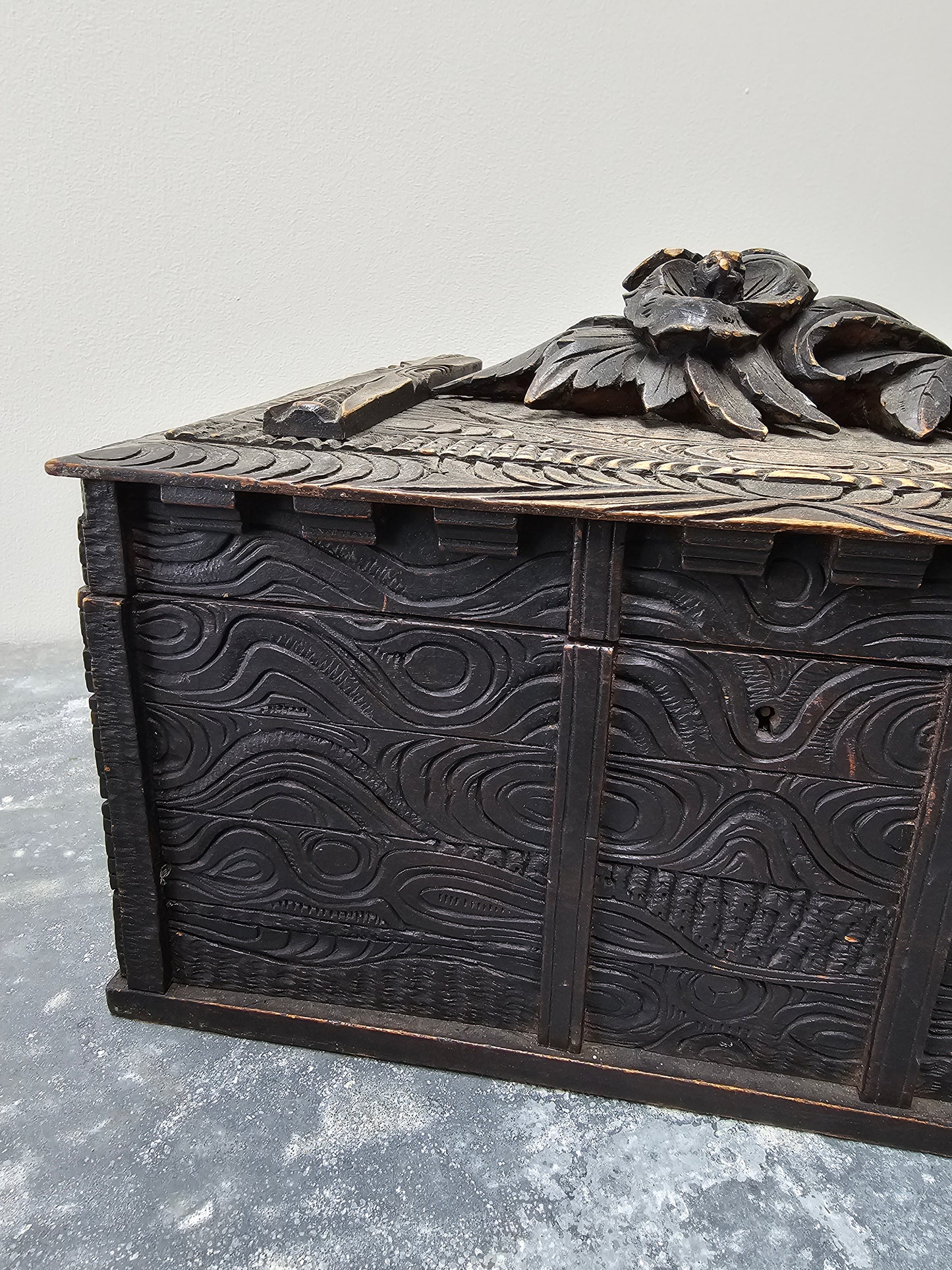 Antique French Large Black Forest Carved Wooden Box