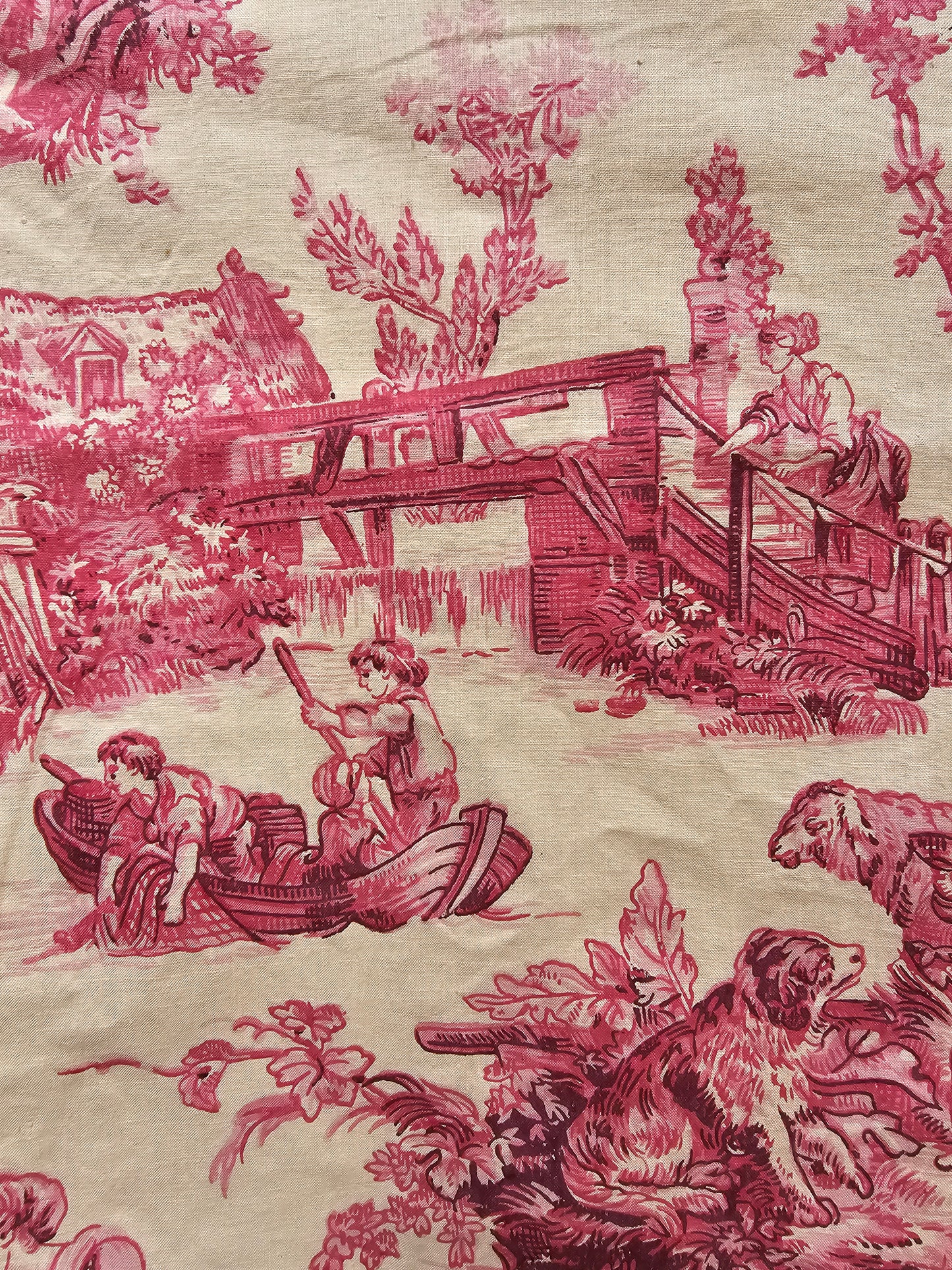 Antique French 'Milking' Raspberry Toile Fabric Cotton Piece 65x40cm