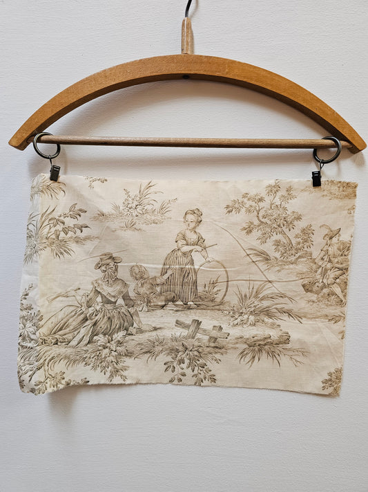 Antique French 'Hoop Game' Green Toile Fabric Cotton Piece