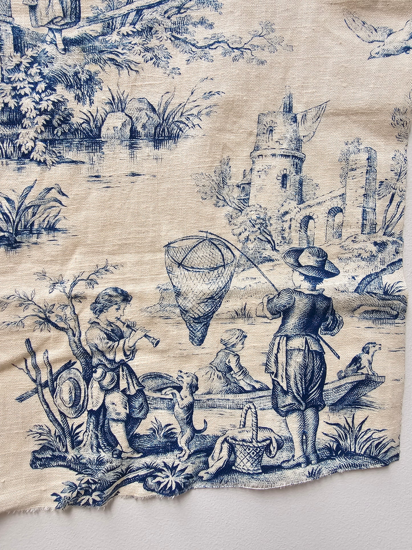 Antique French Blue 'Pastoral Scene' Toile Fabric Linen Piece 30x80cm