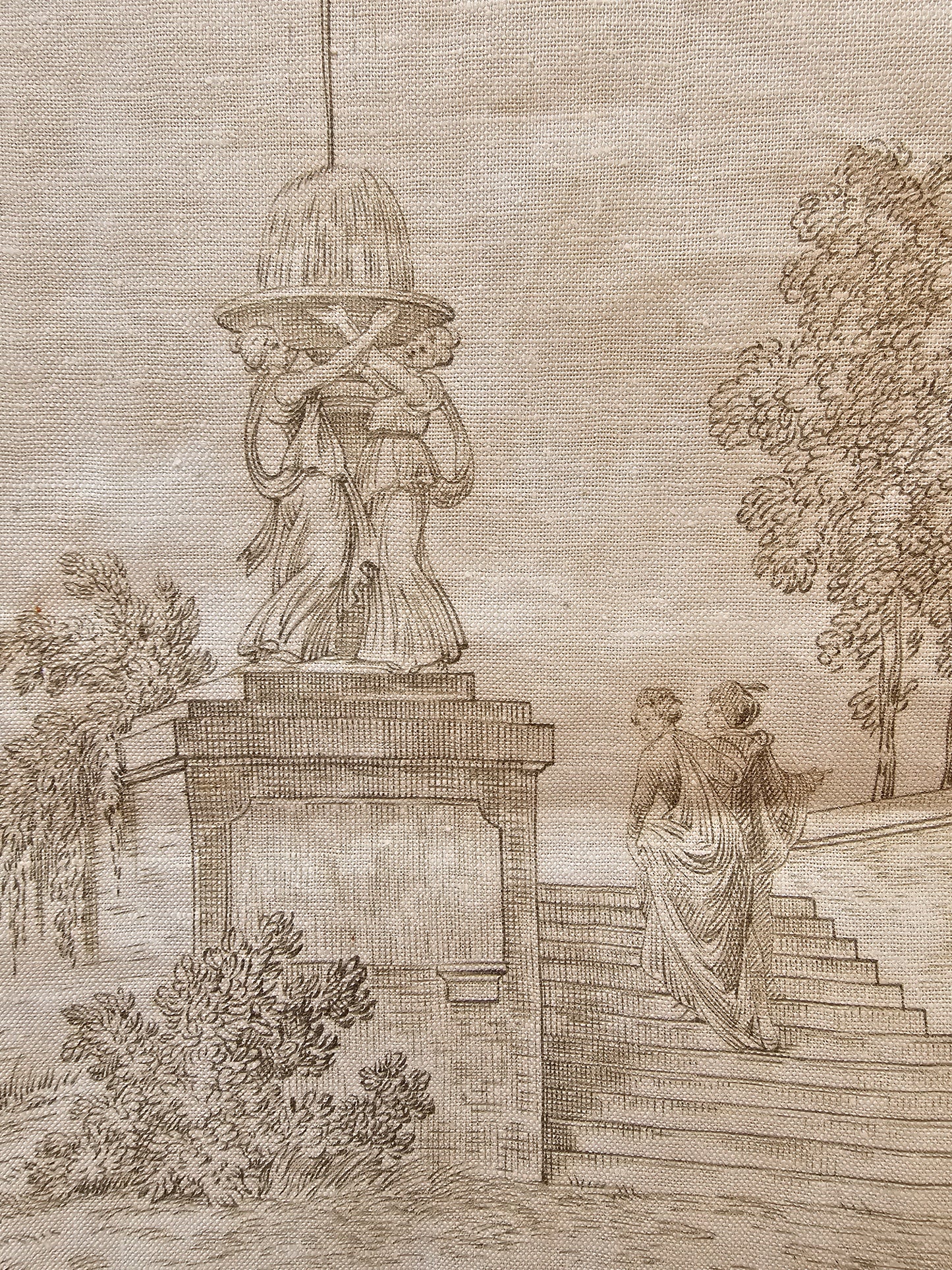 Antique French 'Garden Party' Green Toile Fabric Cotton Piece