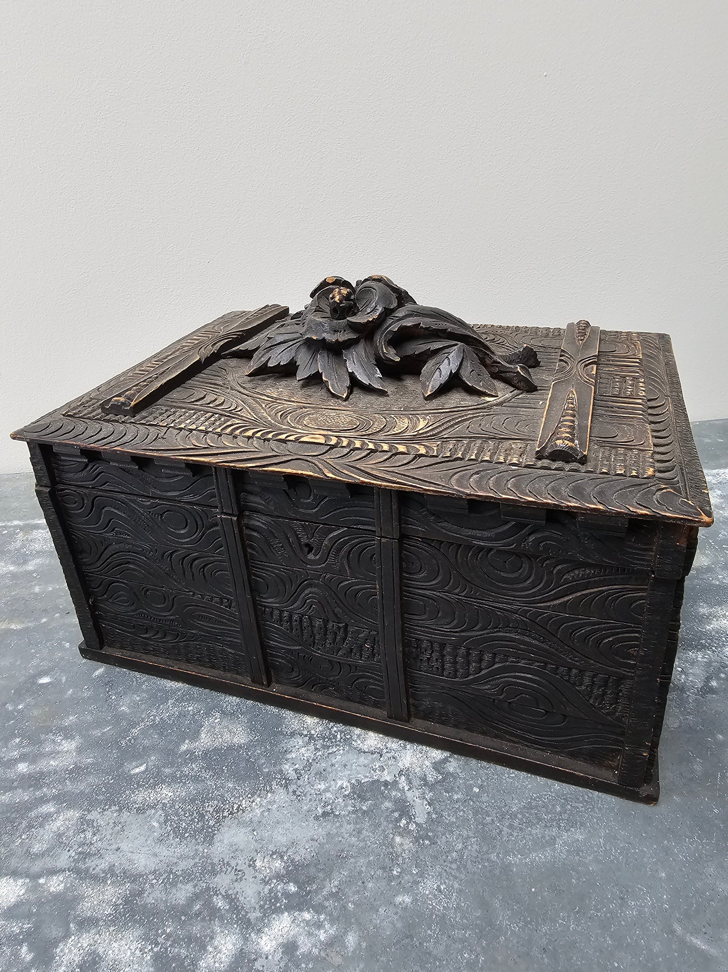 Antique French Large Black Forest Carved Wooden Box