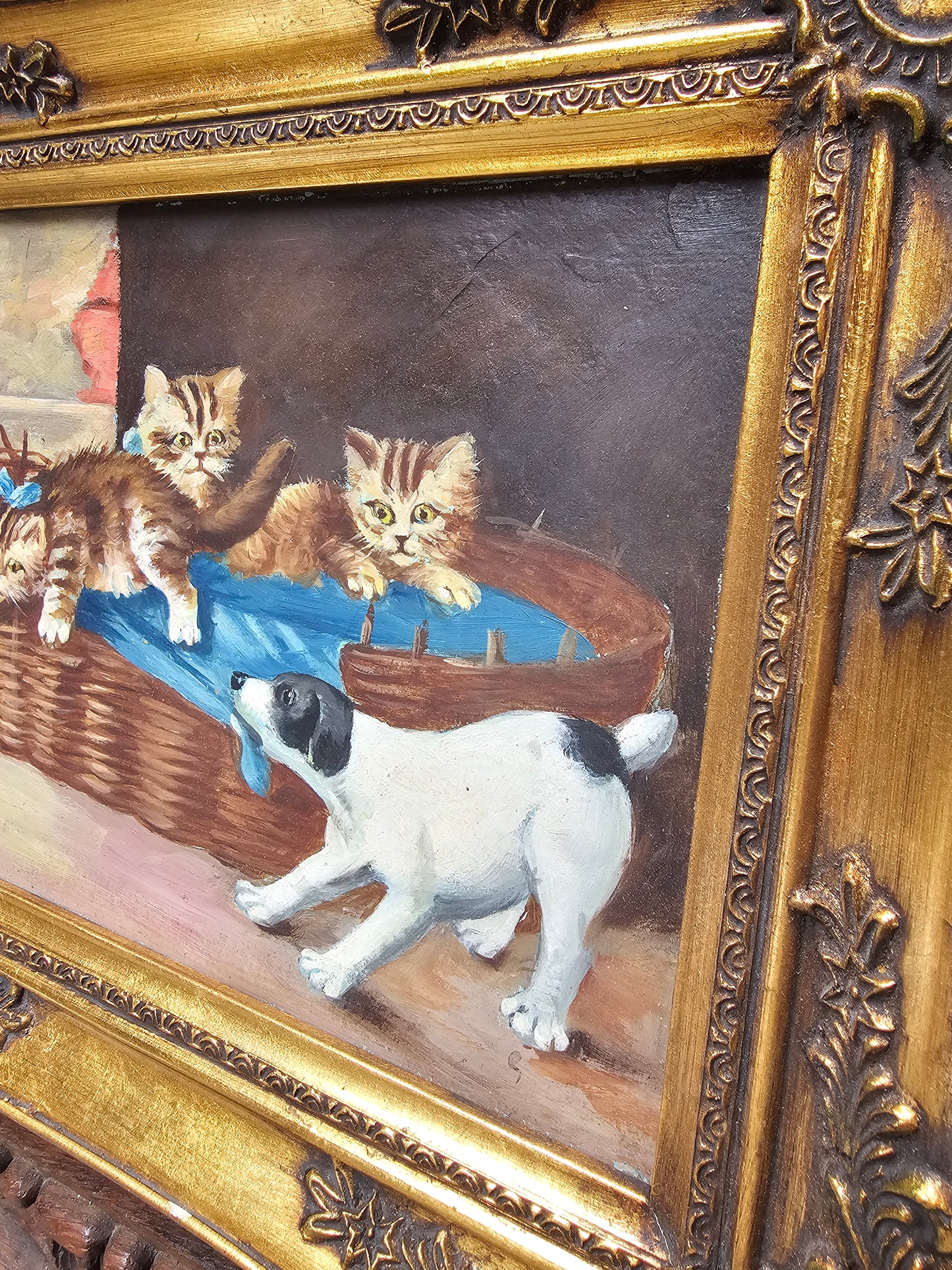 Vintage European Kittens & Puppy Framed Painting
