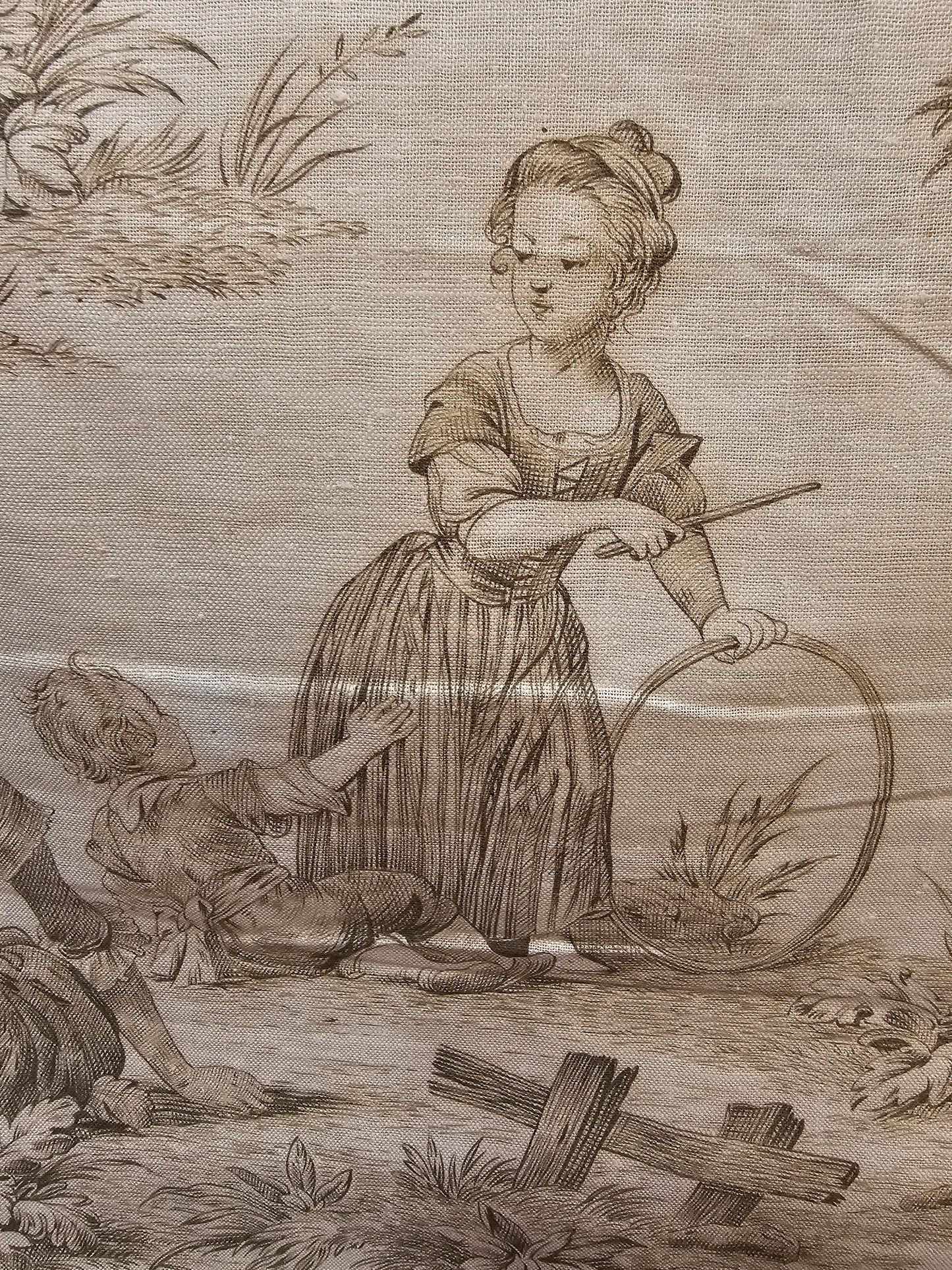 Antique French 'Hoop Game' Green Toile Fabric Cotton Piece