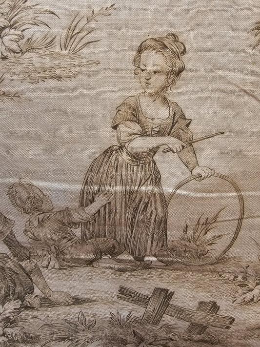 Antique French 'Hoop Game' Green Toile Fabric Cotton Piece