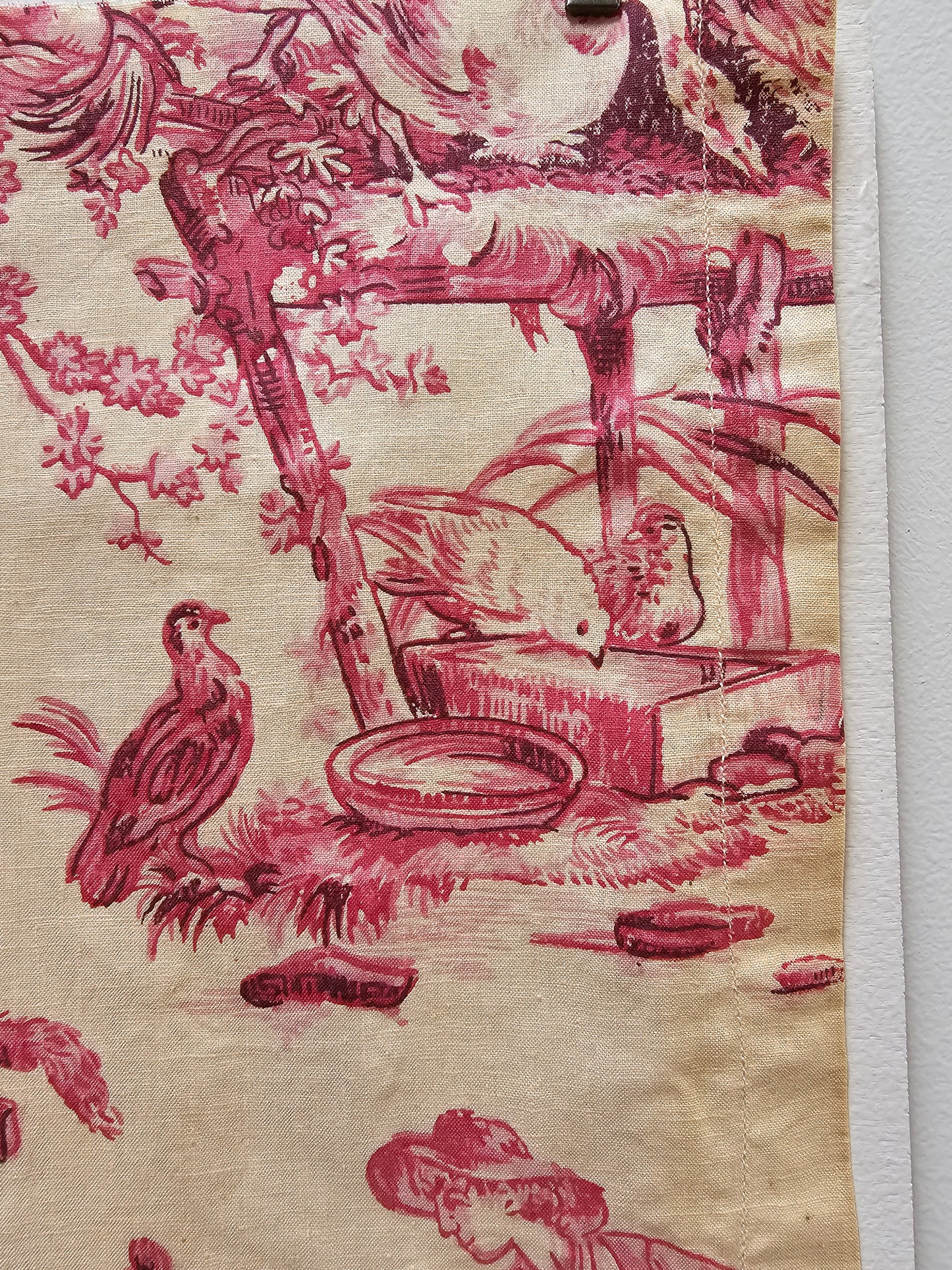 Antique French 'Milking' Raspberry Toile Fabric Cotton Piece 65x40cm