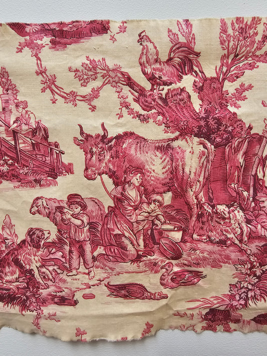 Antique French 'Milking' Raspberry Toile Fabric Cotton Piece 65x40cm