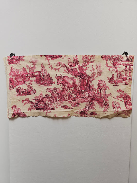 Antique French 'Milking' Raspberry Toile Fabric Cotton Piece 65x40cm