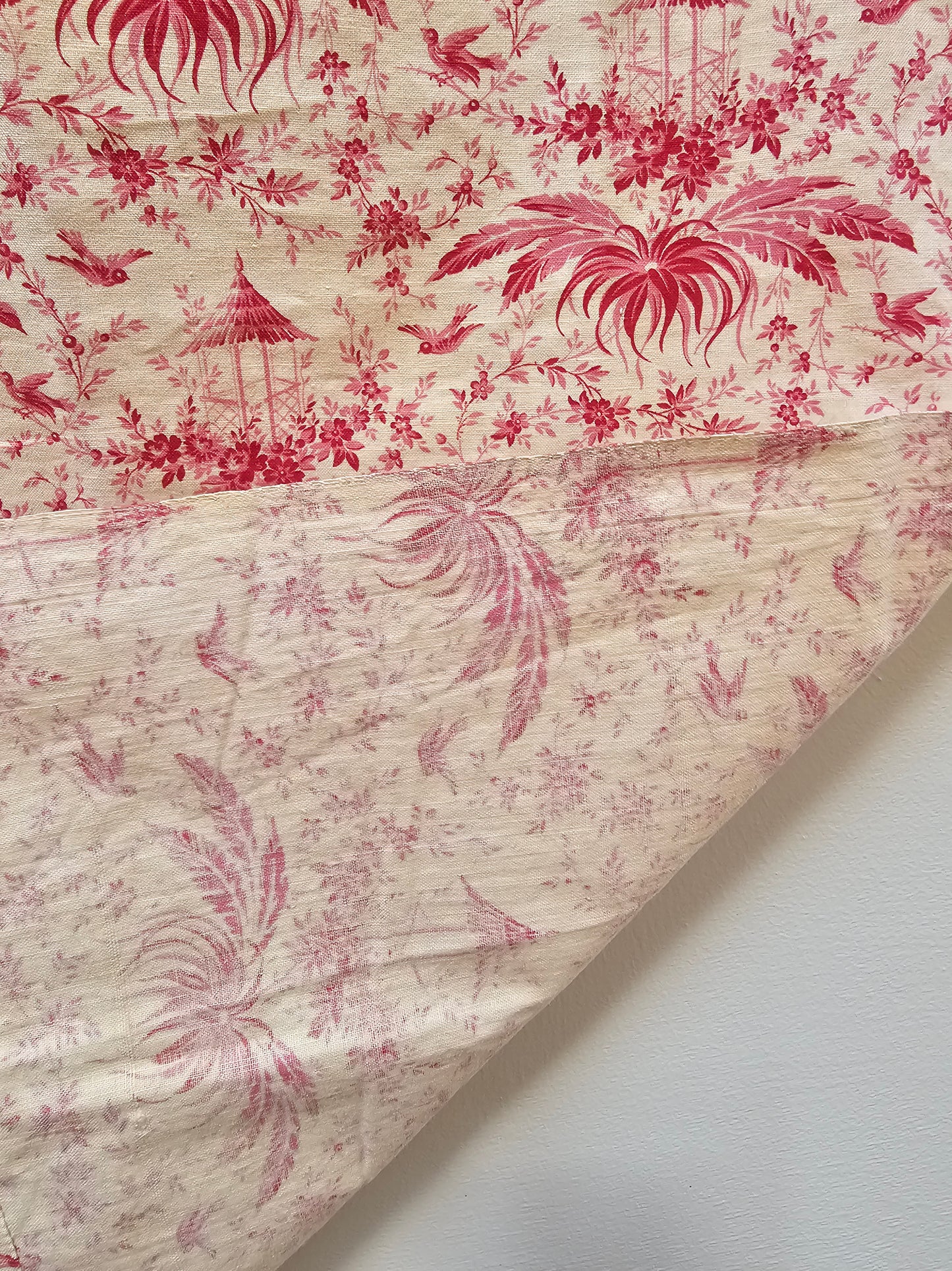 Antique French 'Garden Pavilion' Raspberry Toile Fabric Cotton Piece 50x50cm