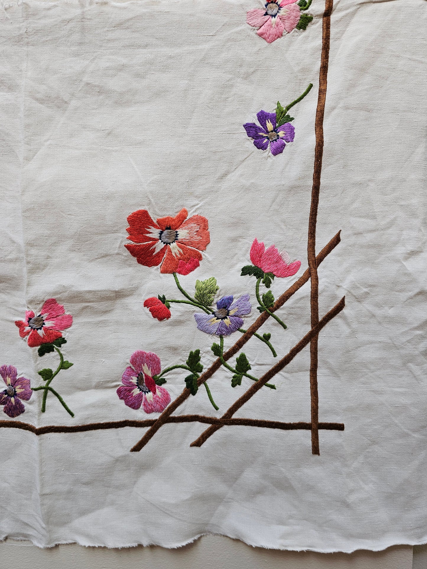 Vintage French Floral Embroidered Fabric Cotton Piece