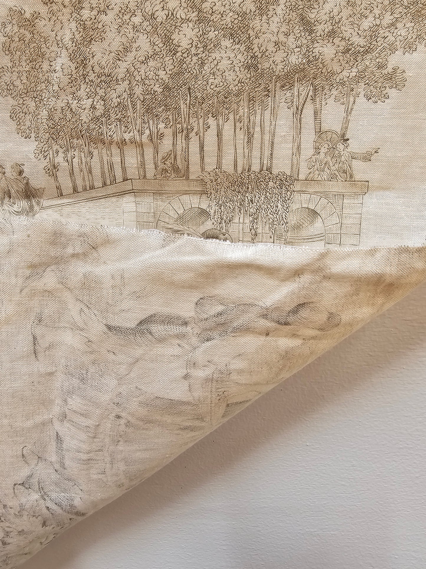 Antique French 'Garden Party' Green Toile Fabric Cotton Piece