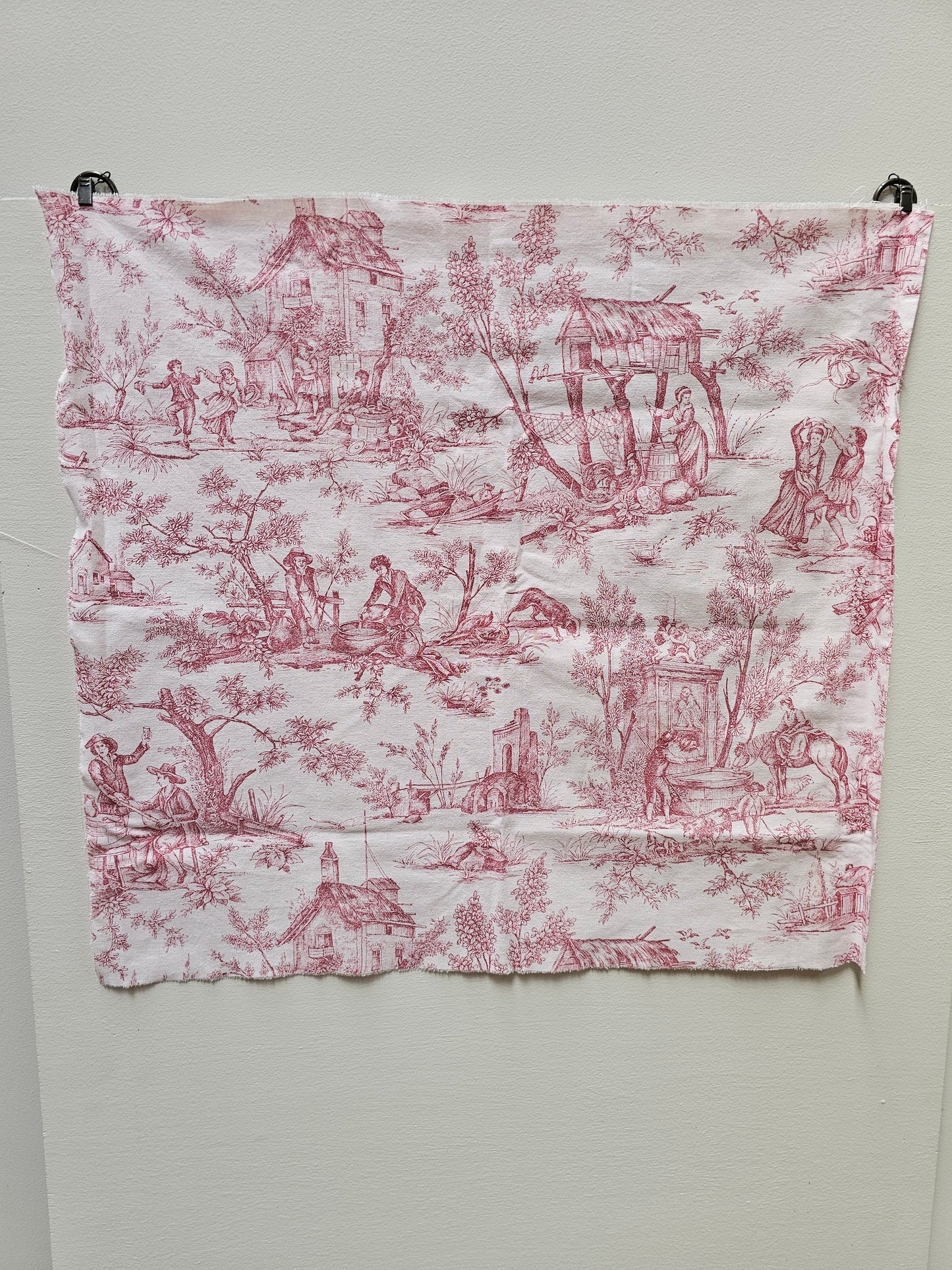 Antique French 'The Hamlet’ Raspberry Toile Fabric Cotton Piece 55x55cm