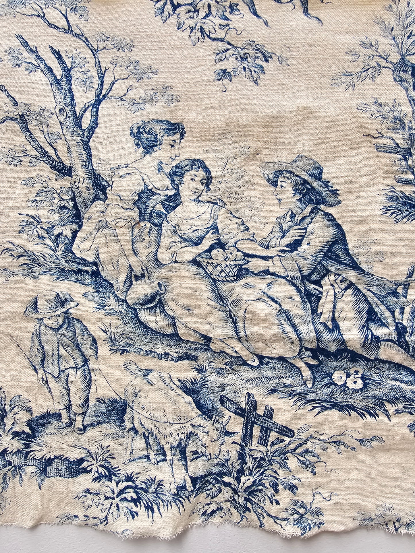 Antique French Blue 'Pastoral Scene' Toile Fabric Linen Piece 30x80cm