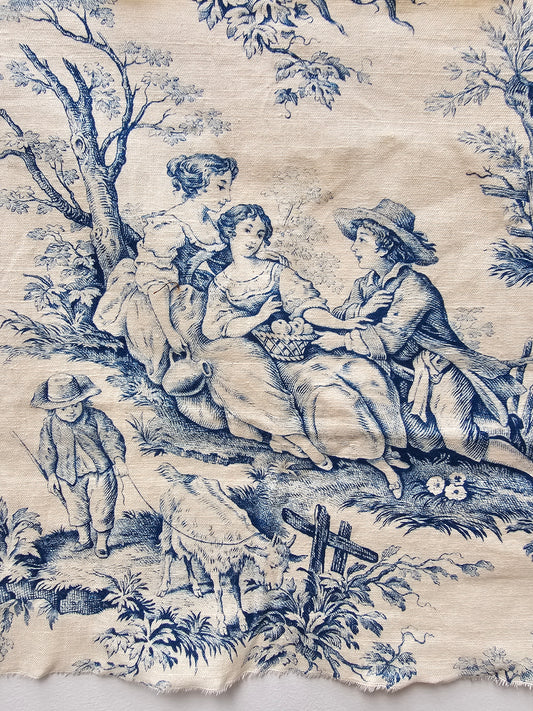 Antique French Blue 'Pastoral Scene' Toile Fabric Linen Piece 30x80cm