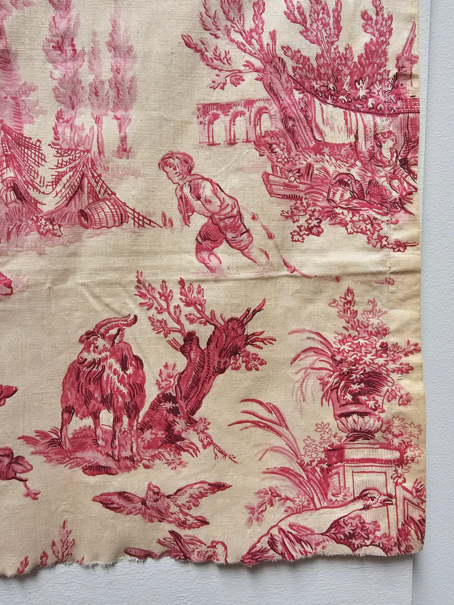 Antique French 'Picnic' Raspberry Toile Fabric Cotton Piece 65x40cm