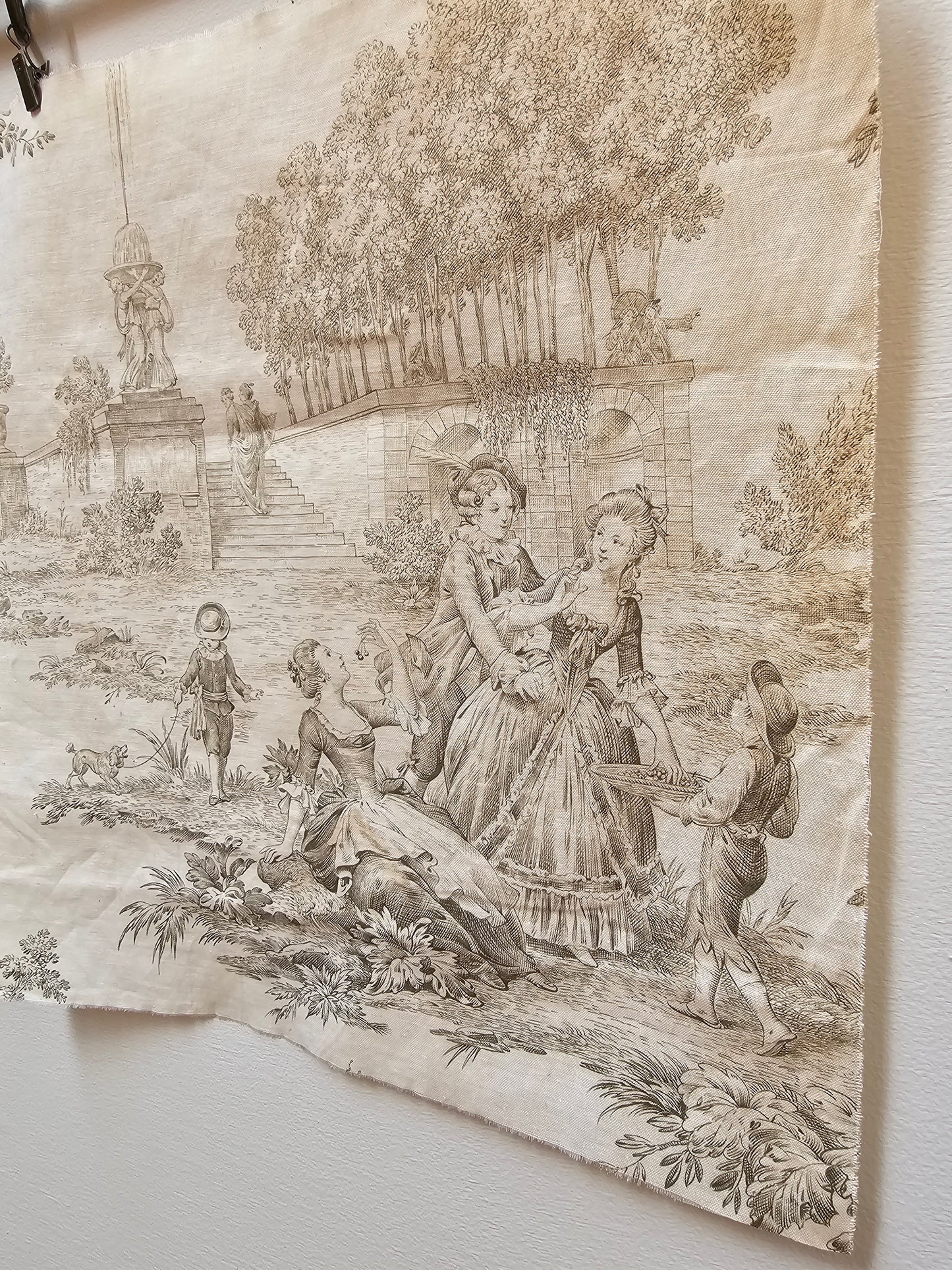 Antique French 'Garden Party' Green Toile Fabric Cotton Piece