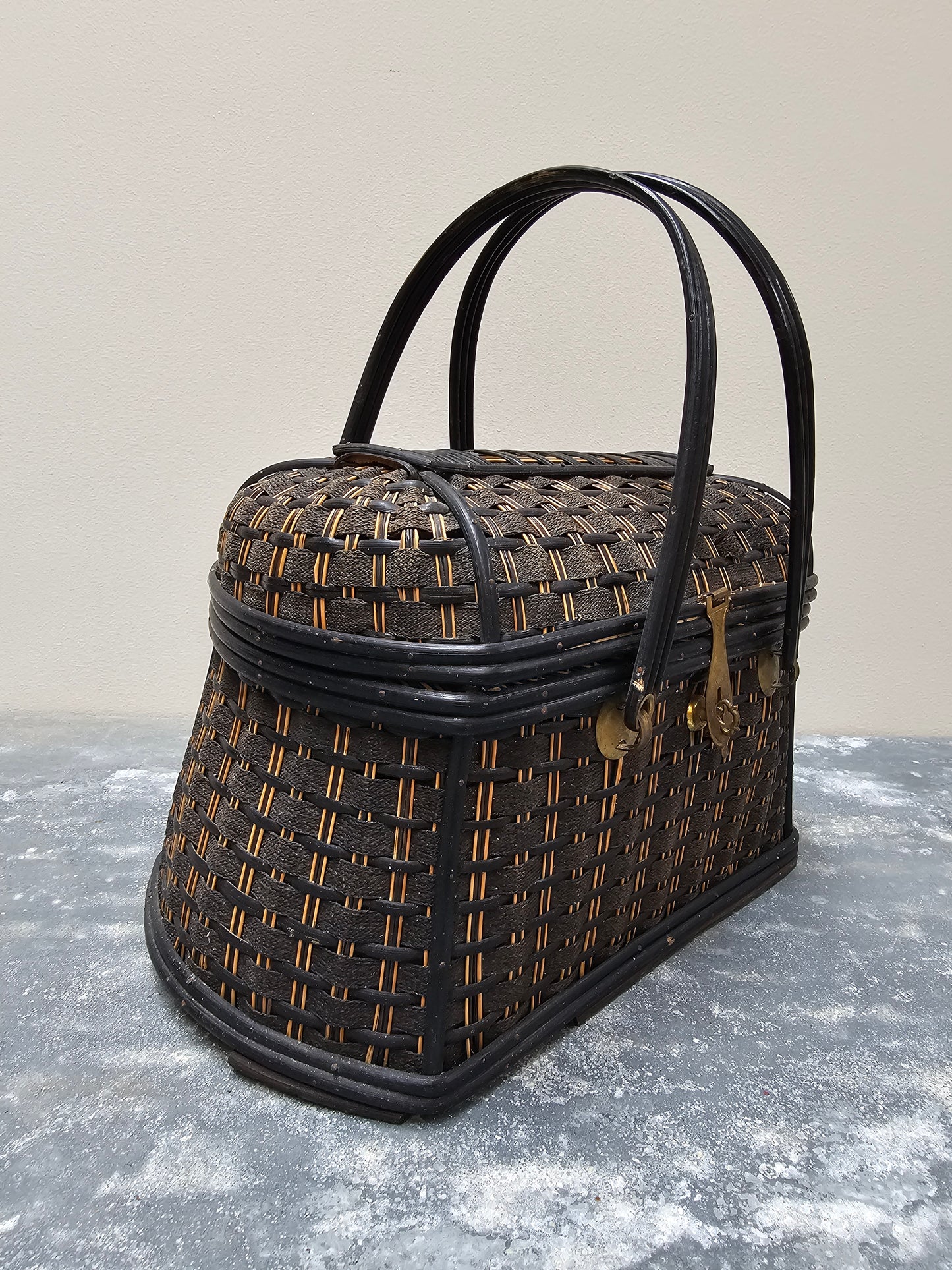 Antique French Art Deco Cane Basket - Black & Ecru