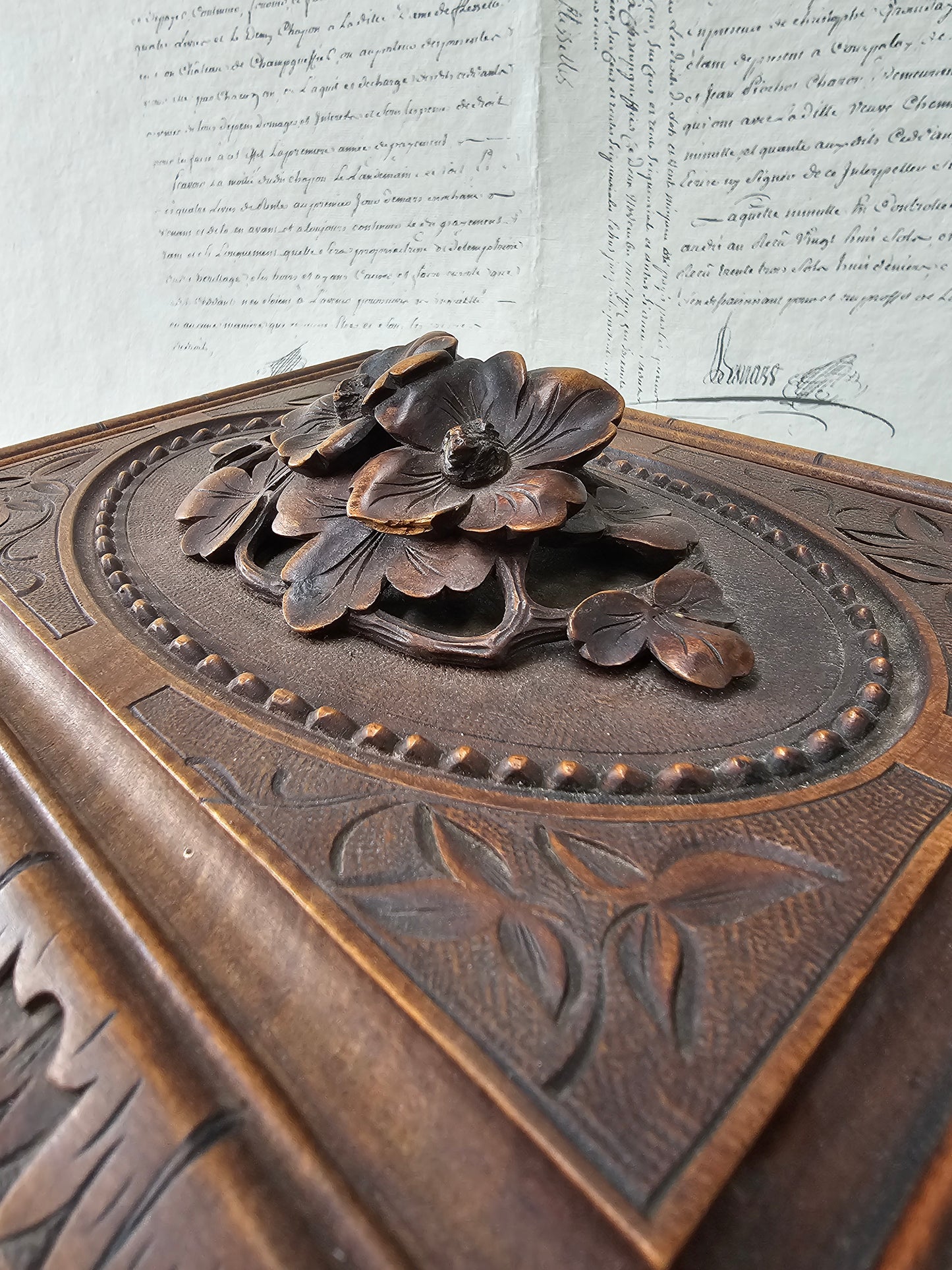 Vintage French 'Flowers' Black Forest Carved Wooden Box