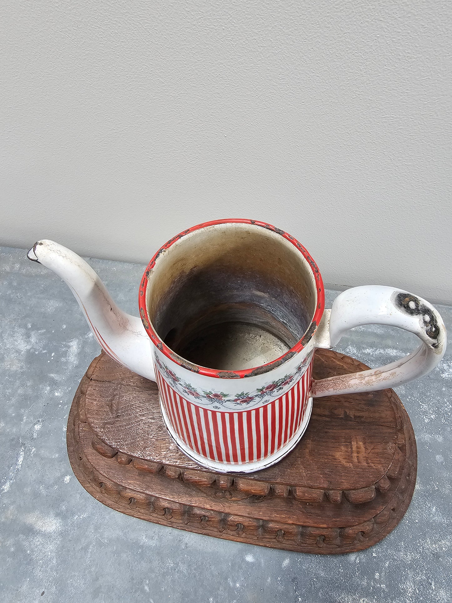 Vintage French Enamel Coffee Pot - Red Stripe with Rose Garland