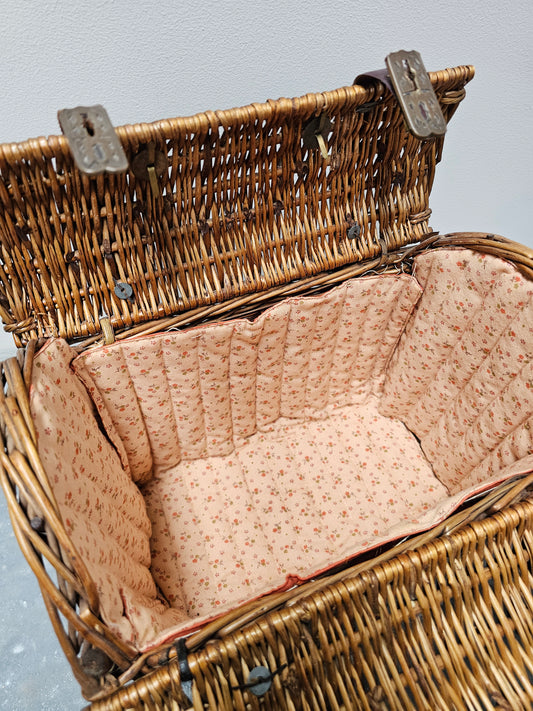 Antique French Large Cane Basket with Pink Floral Lining
