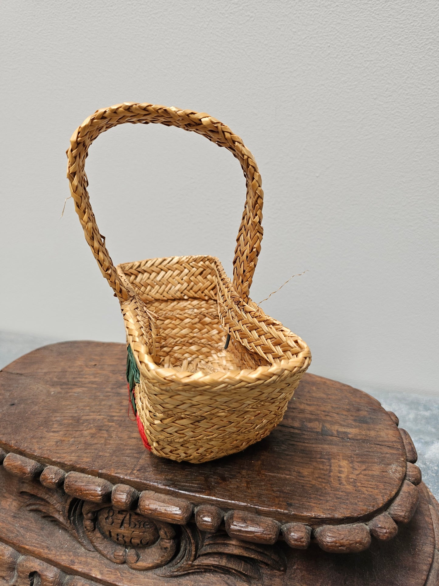 Vintage French Petite Cherry Raffia Basket