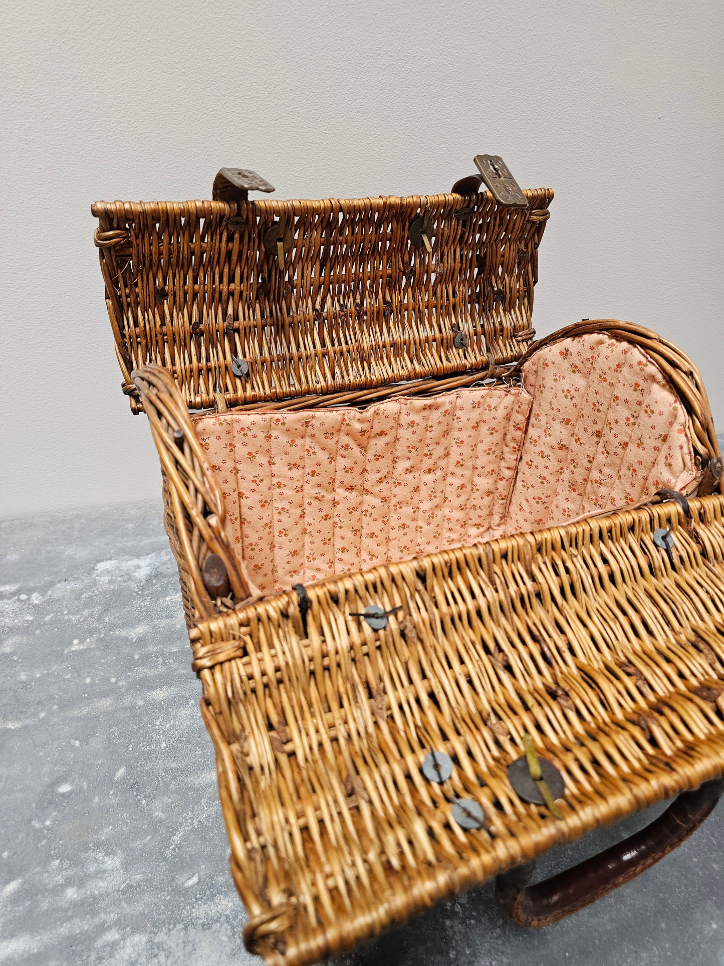 Antique French Large Cane Basket with Pink Floral Lining