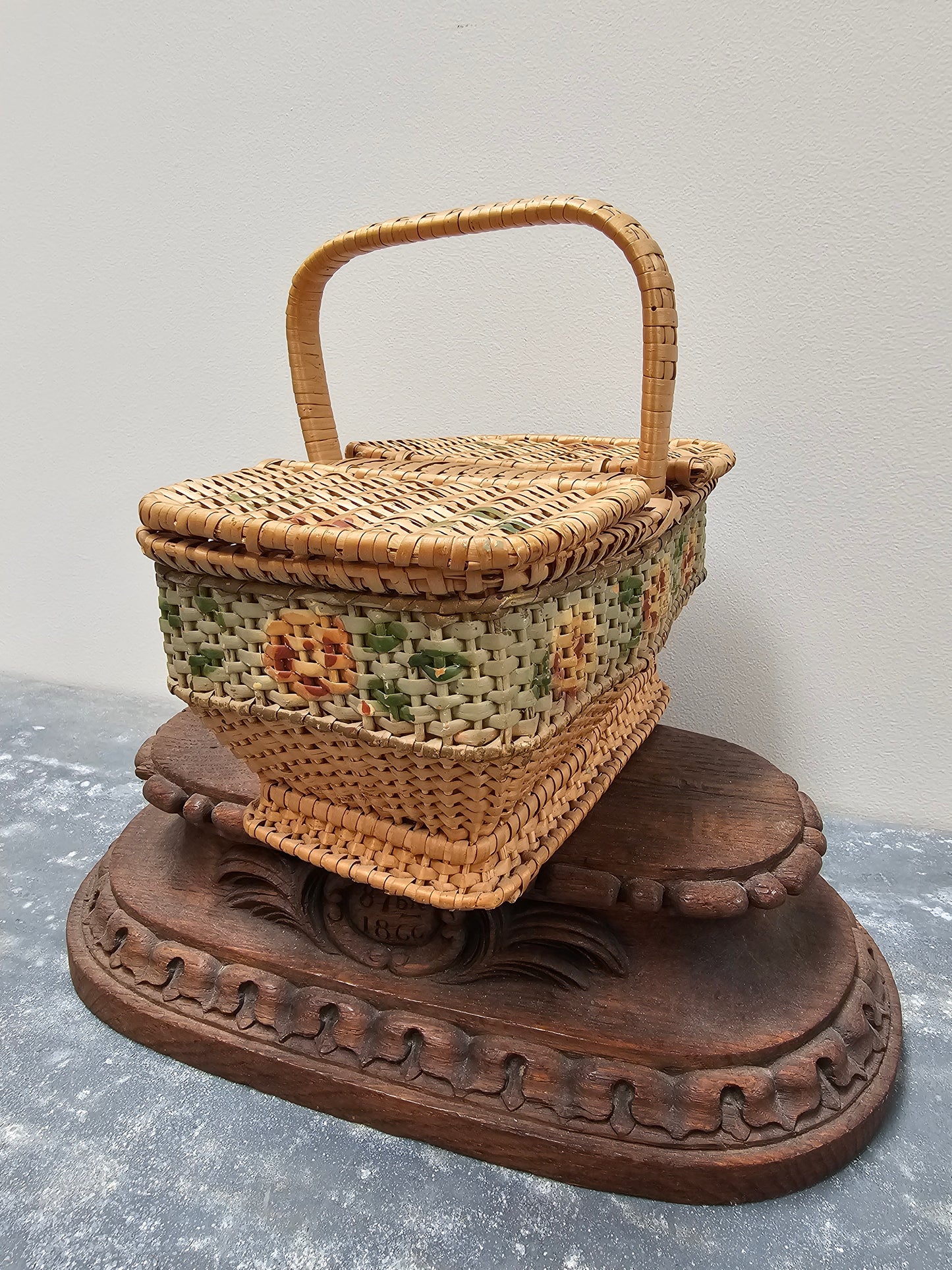 Antique French Petite Floral Cane Picnic/Sewing Basket