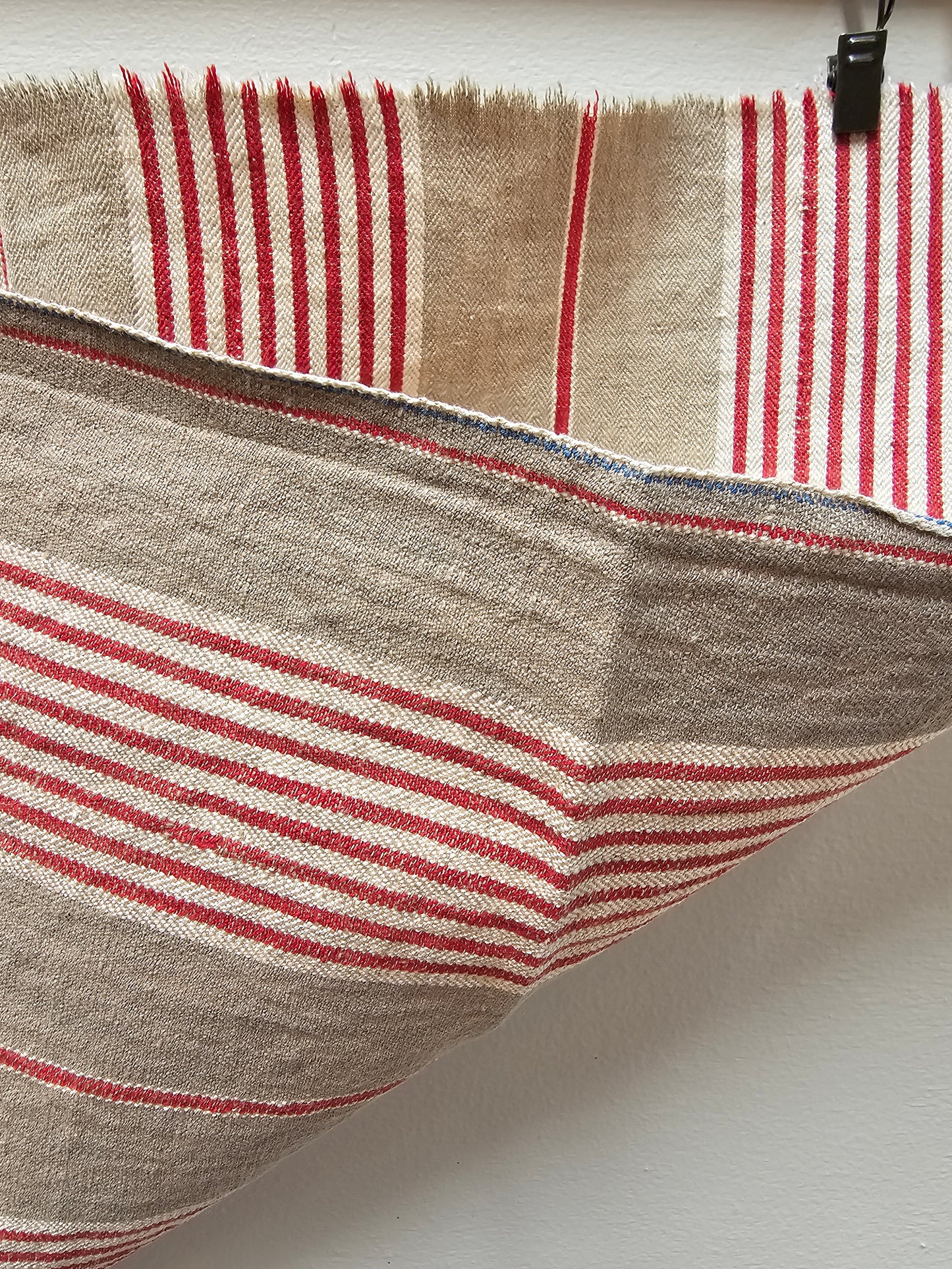 Antique French Red & Taupe Ticking Stripe Fabric Cotton Piece 40x50cm