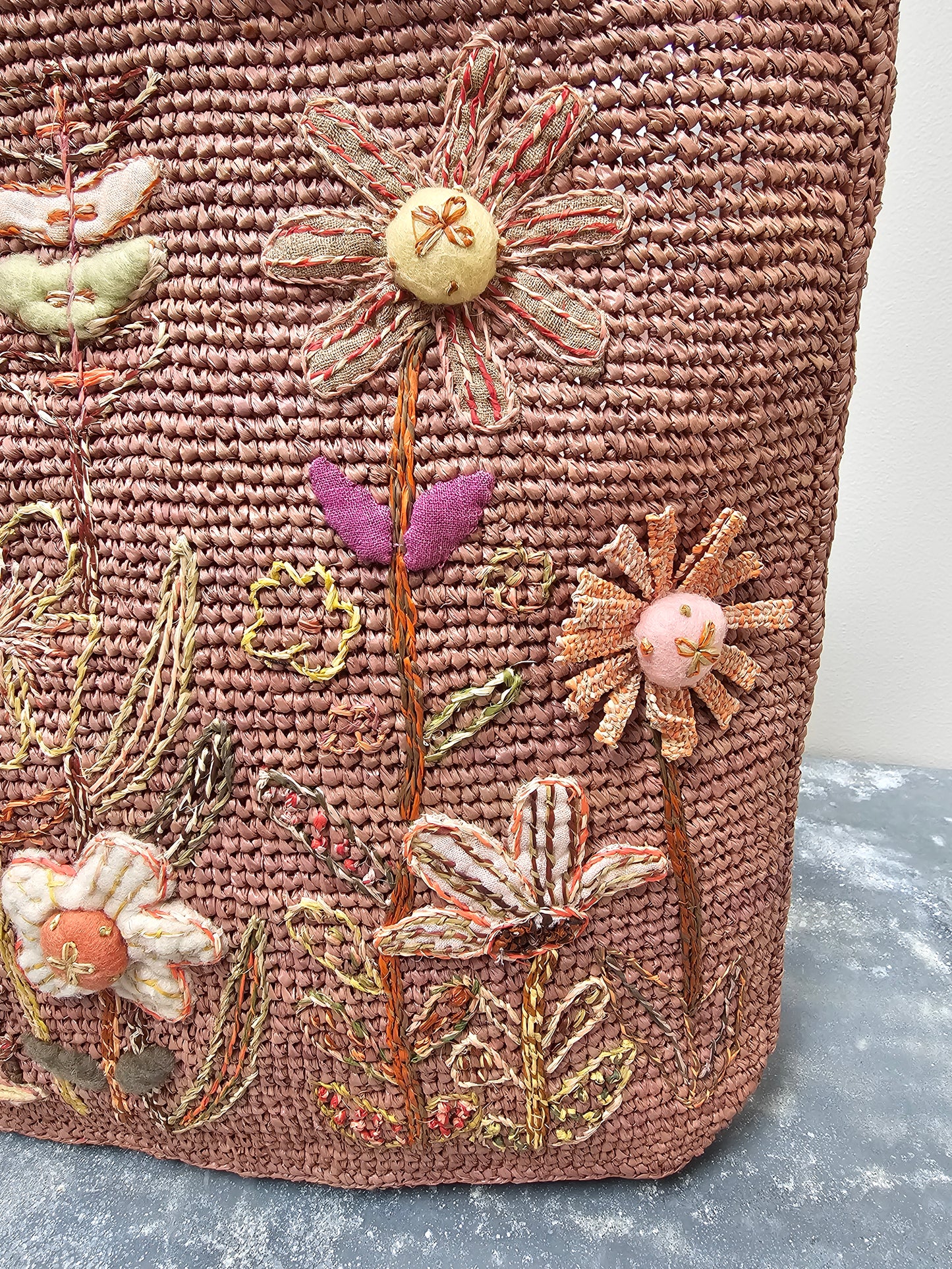 Sophie Digard Large Pink Raffia Flower Garden Bag
