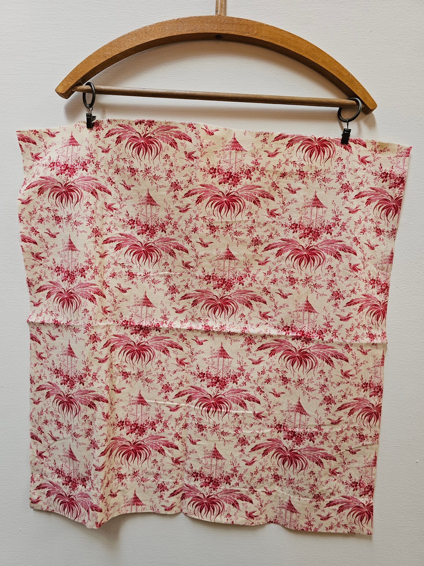 Antique French 'Garden Pavilion' Raspberry Toile Fabric Cotton Piece 50x50cm