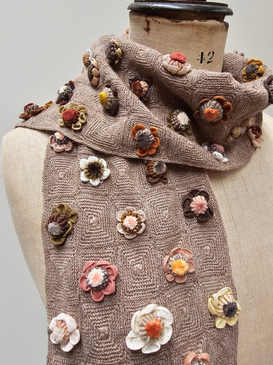 Sophie Digard Mushroom Crochet Wool Scarf with Velvet Flowers