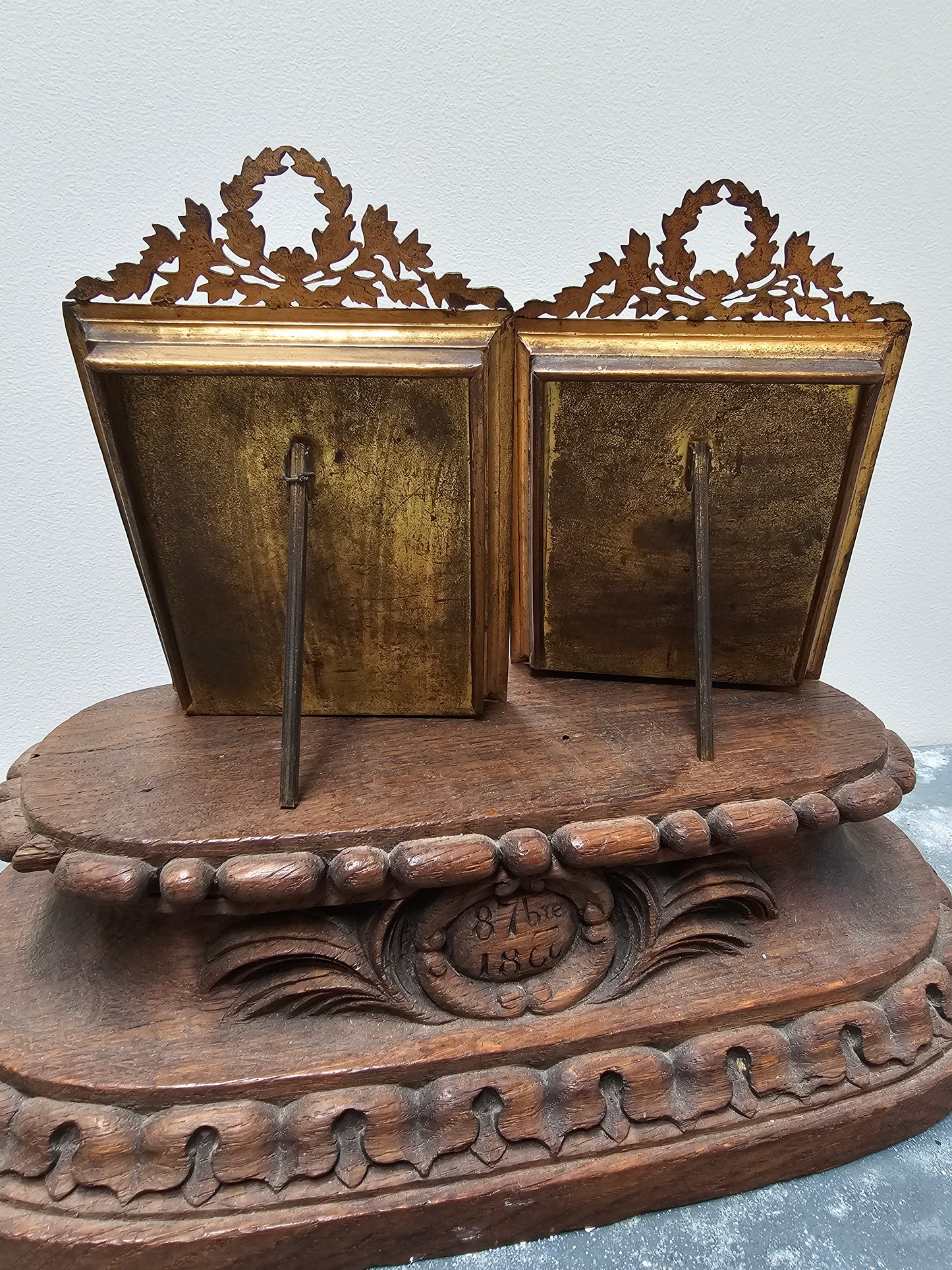 Antique French Pair of Small Brass Photo Frames with Portraits