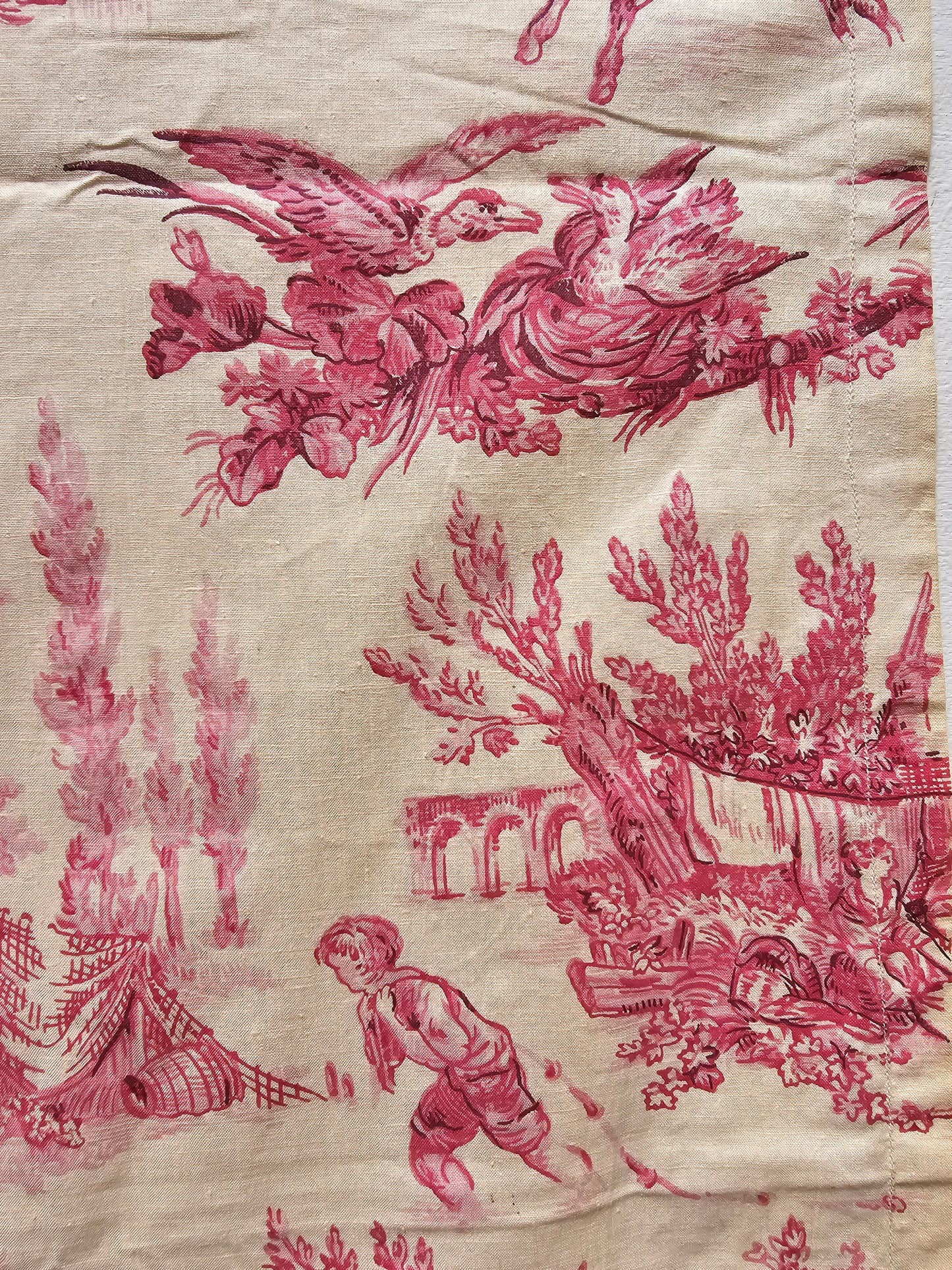 Antique French 'Picnic' Raspberry Toile Fabric Cotton Piece 65x40cm