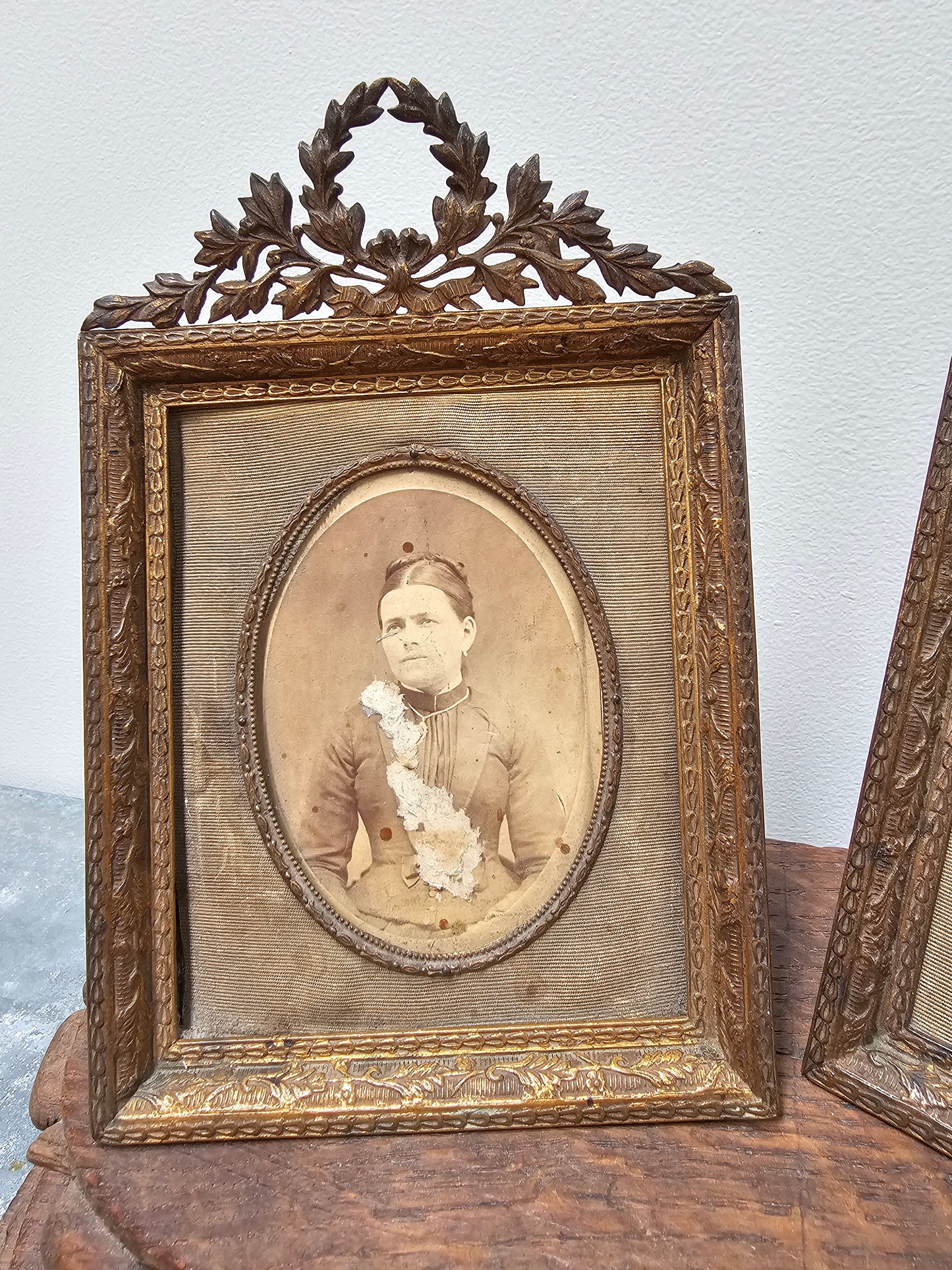 Antique French Pair of Small Brass Photo Frames with Portraits