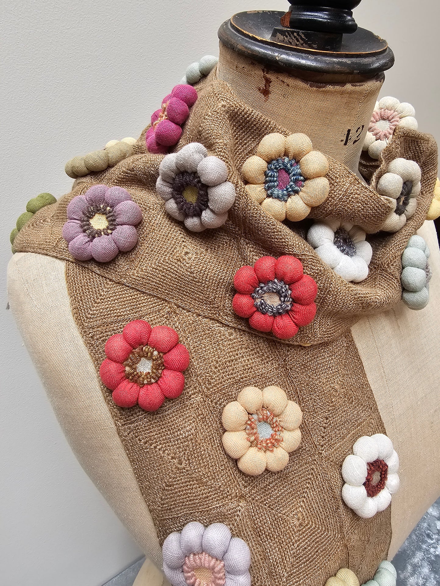 Sophie Digard Latte Crochet Wool Scarf with Large Bobble Flowers
