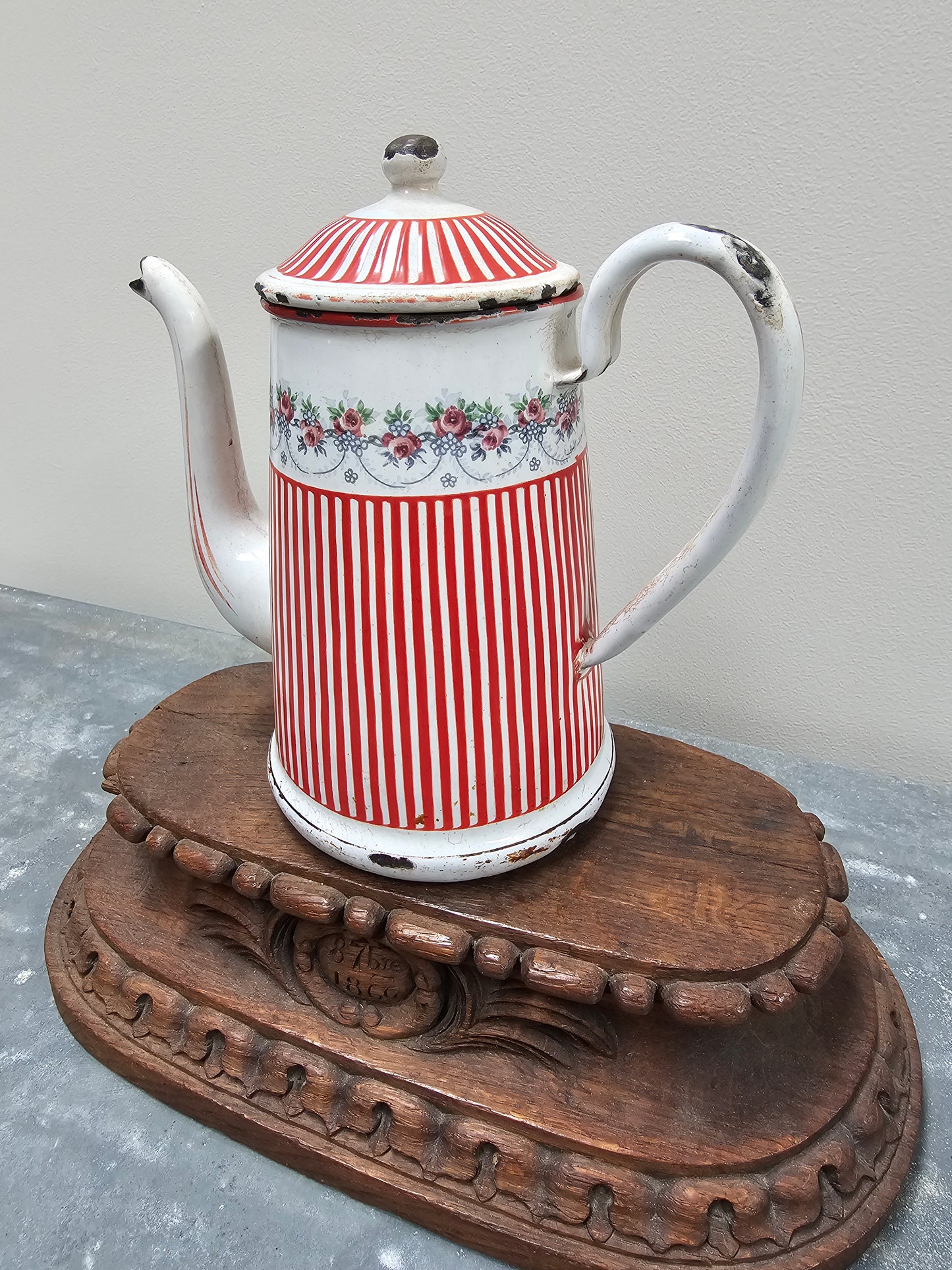 Vintage French Enamel Coffee Pot - Red Stripe with Rose Garland
