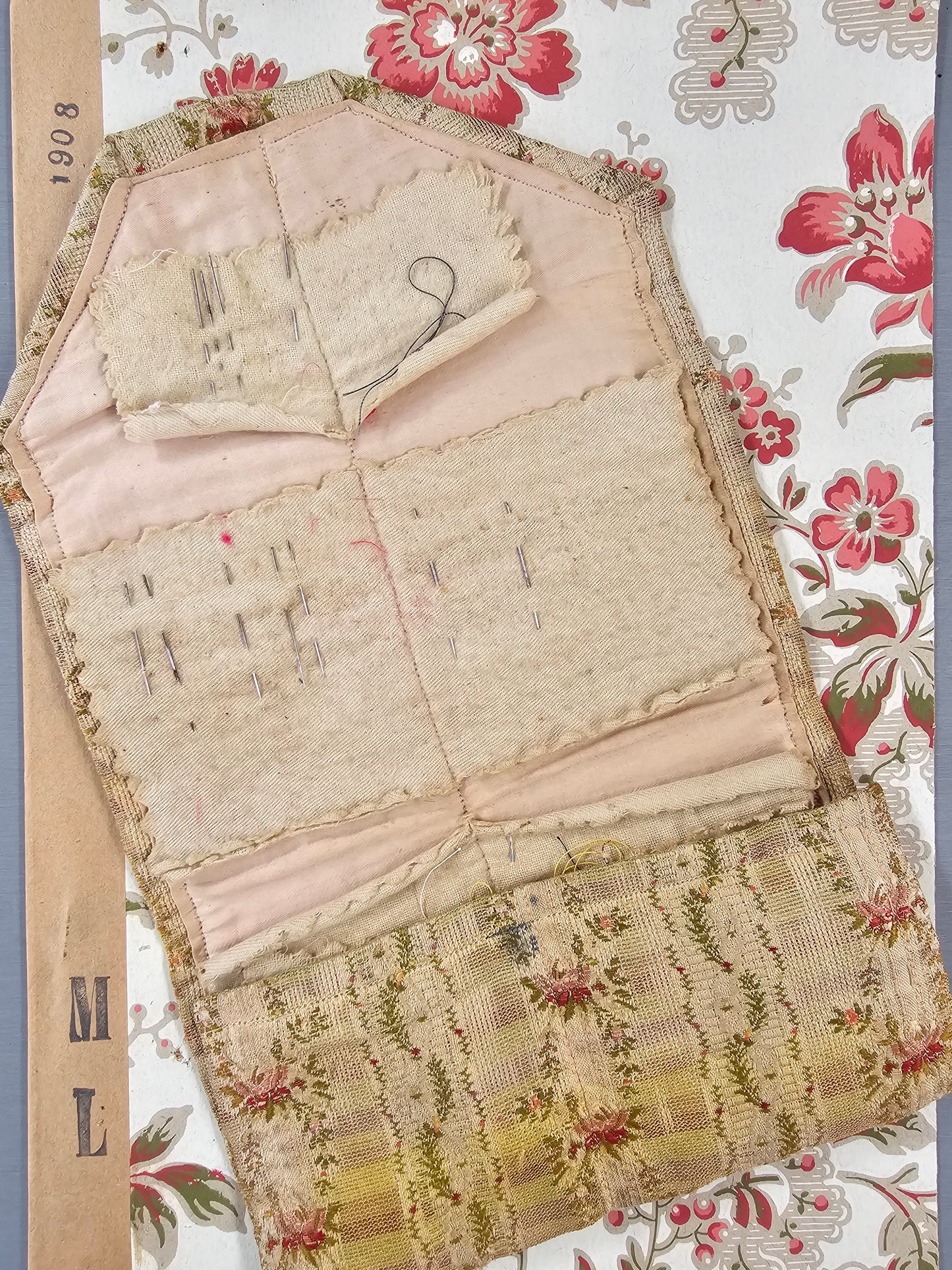 Antique French Silk Brocade Folding Needle Case
