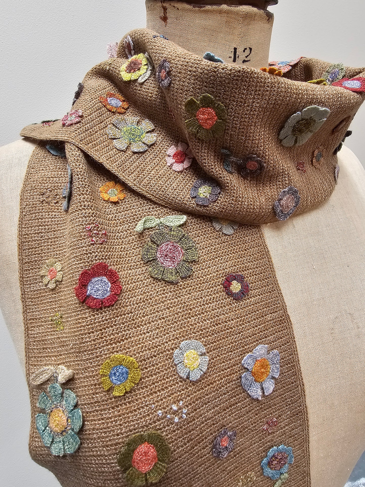 Sophie Digard Floral Latte Crochet Wool Scarf