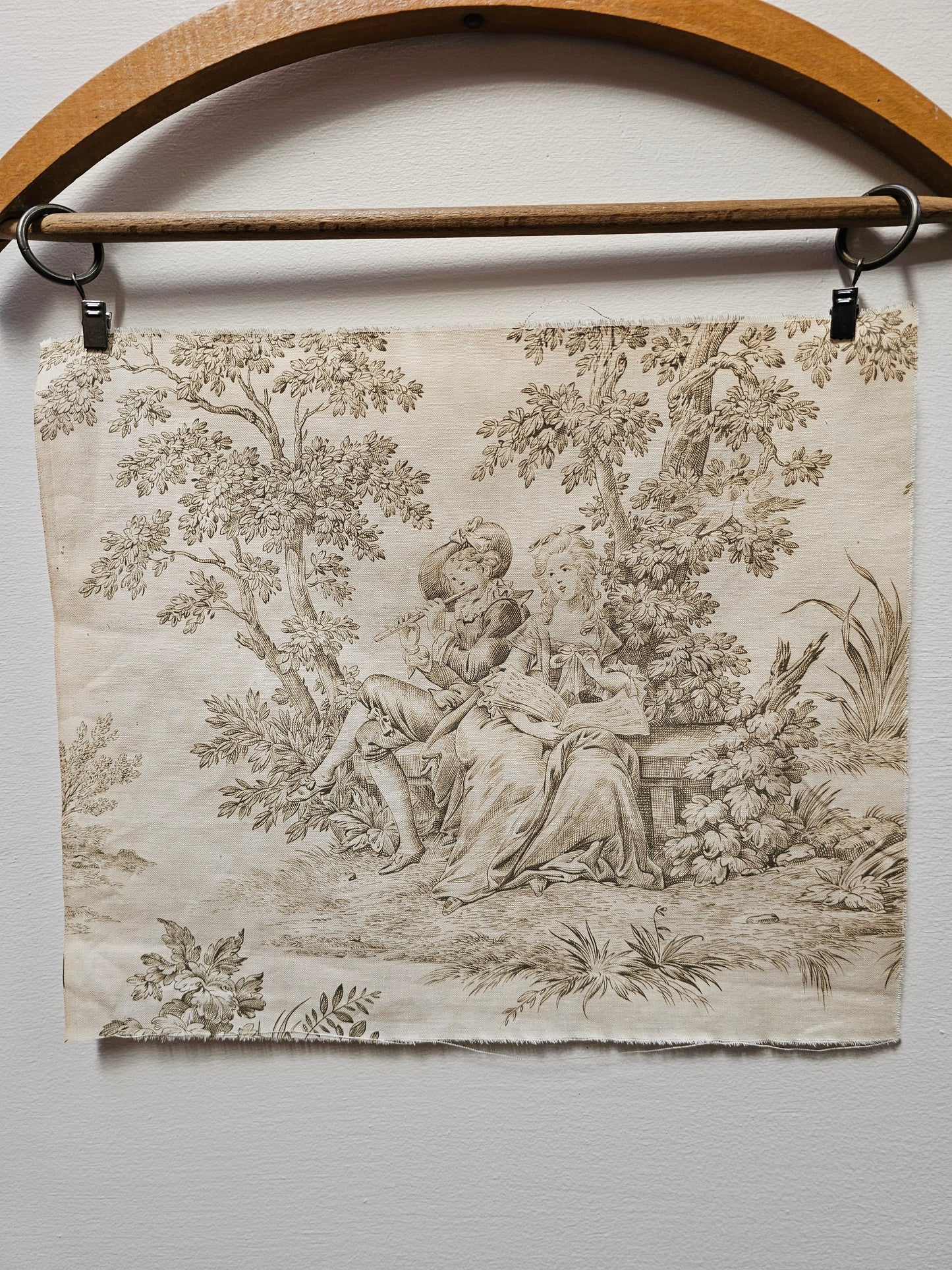 Antique French 'Love Song' Green Toile Fabric Cotton Piece