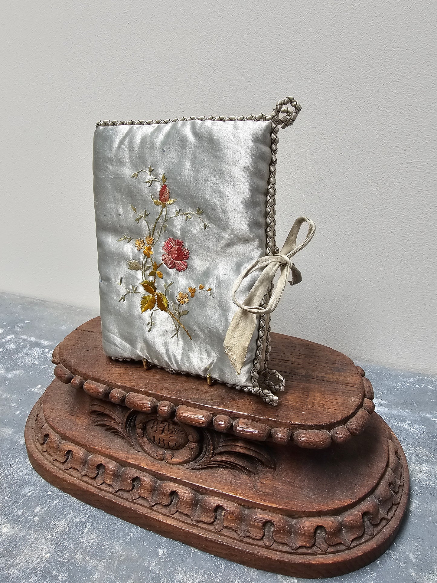Antique French Blue Silk Needle Book with Floral Embroidery