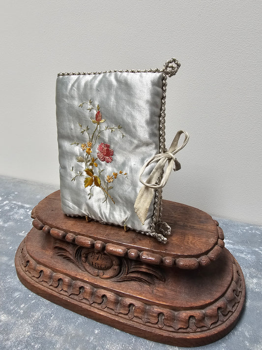 Antique French Blue Silk Needle Book with Floral Embroidery