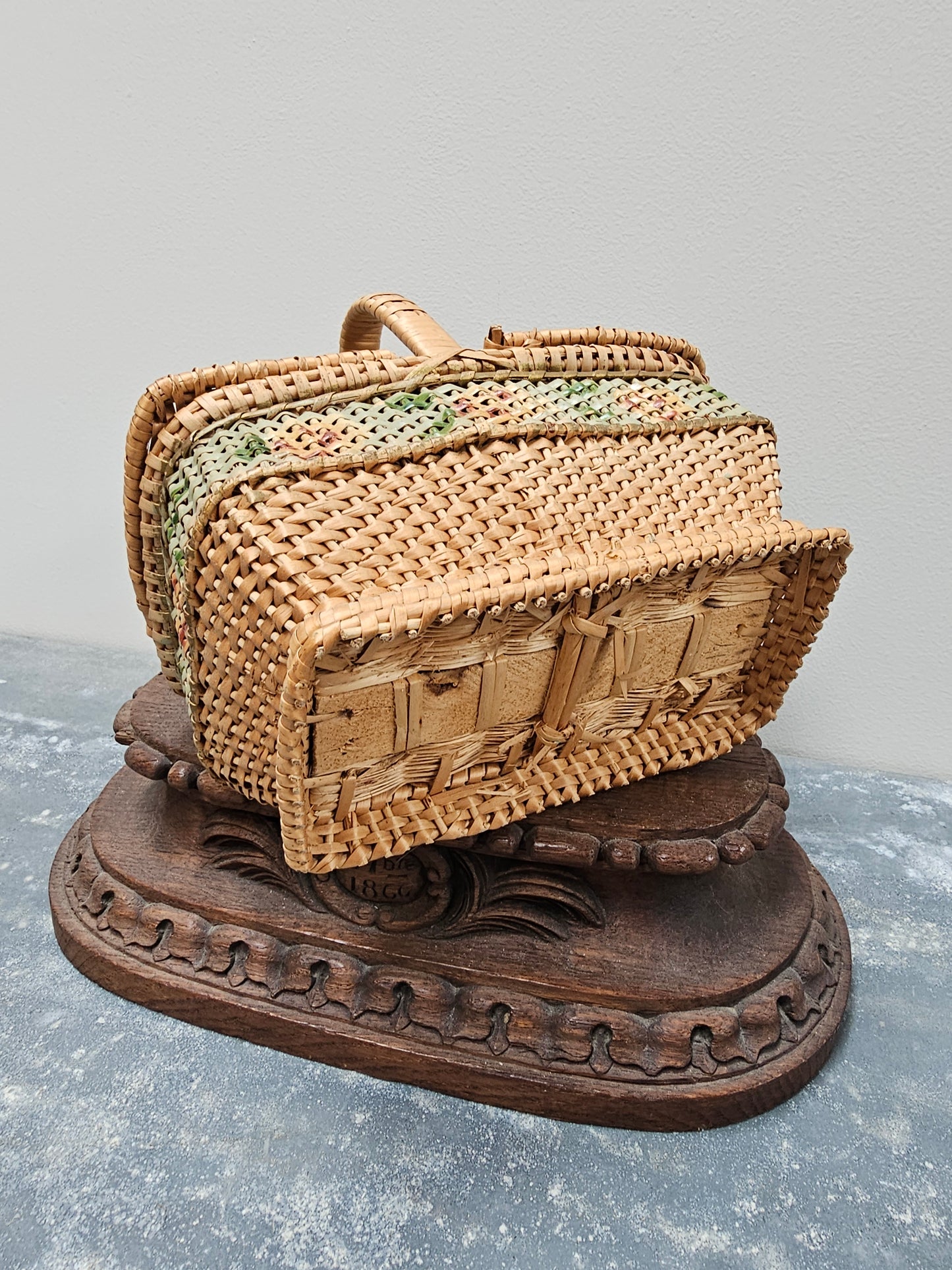 Antique French Petite Floral Cane Picnic/Sewing Basket