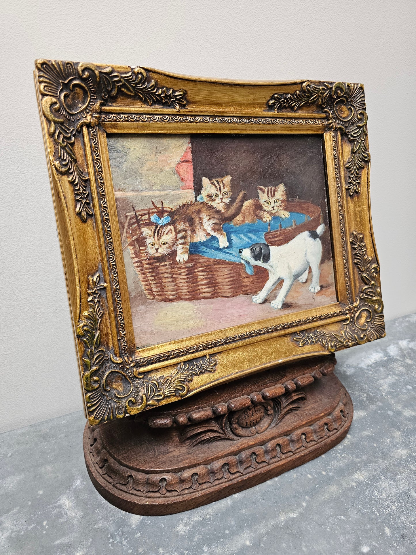 Vintage European Kittens & Puppy Framed Painting