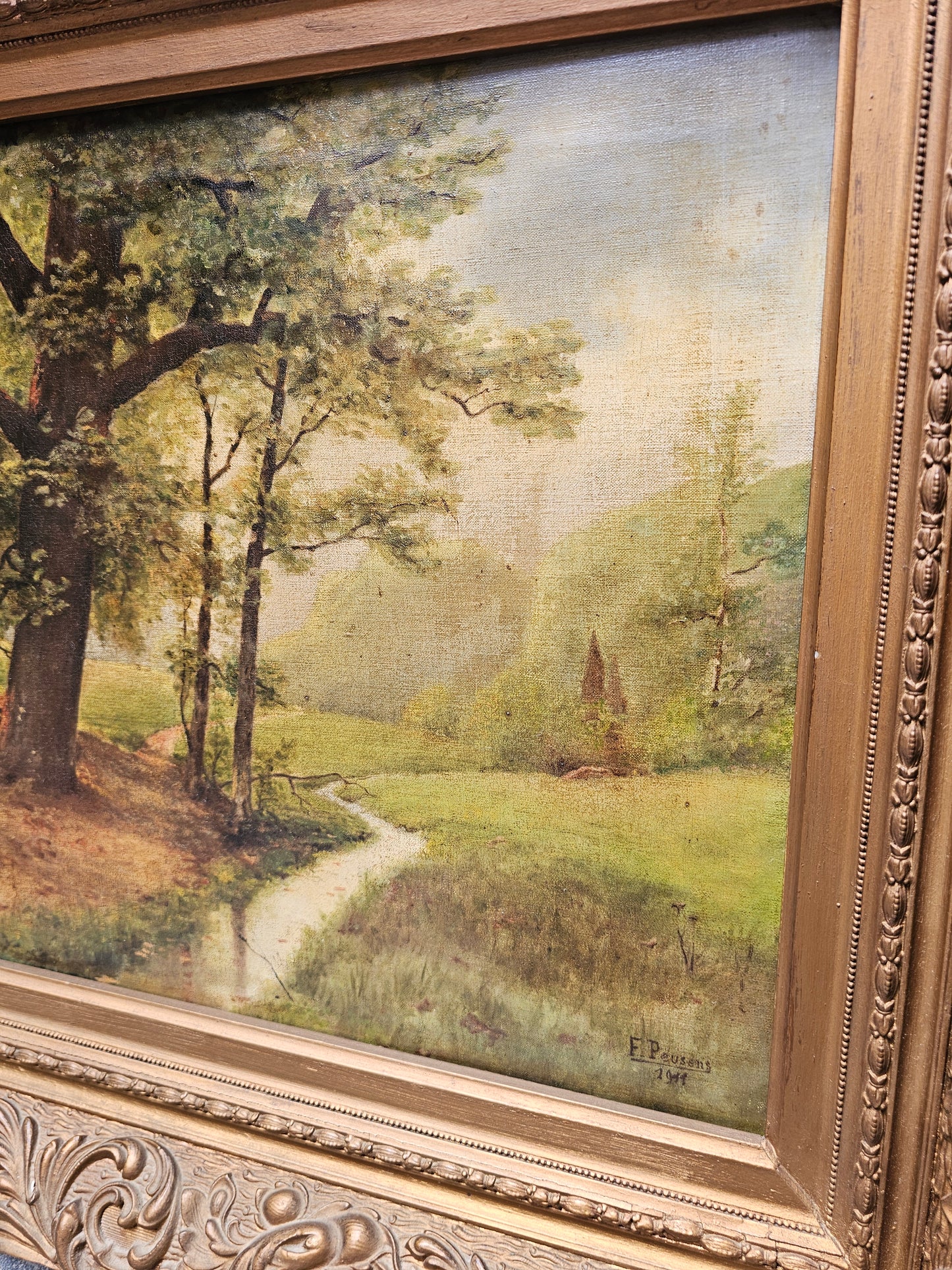 Antique European Framed Forest Scene Painting