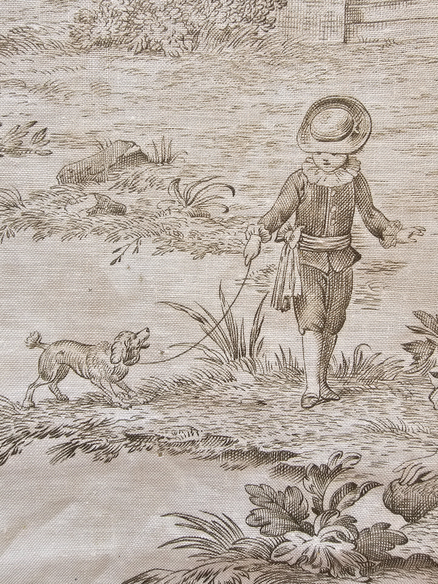 Antique French 'Garden Party' Green Toile Fabric Cotton Piece