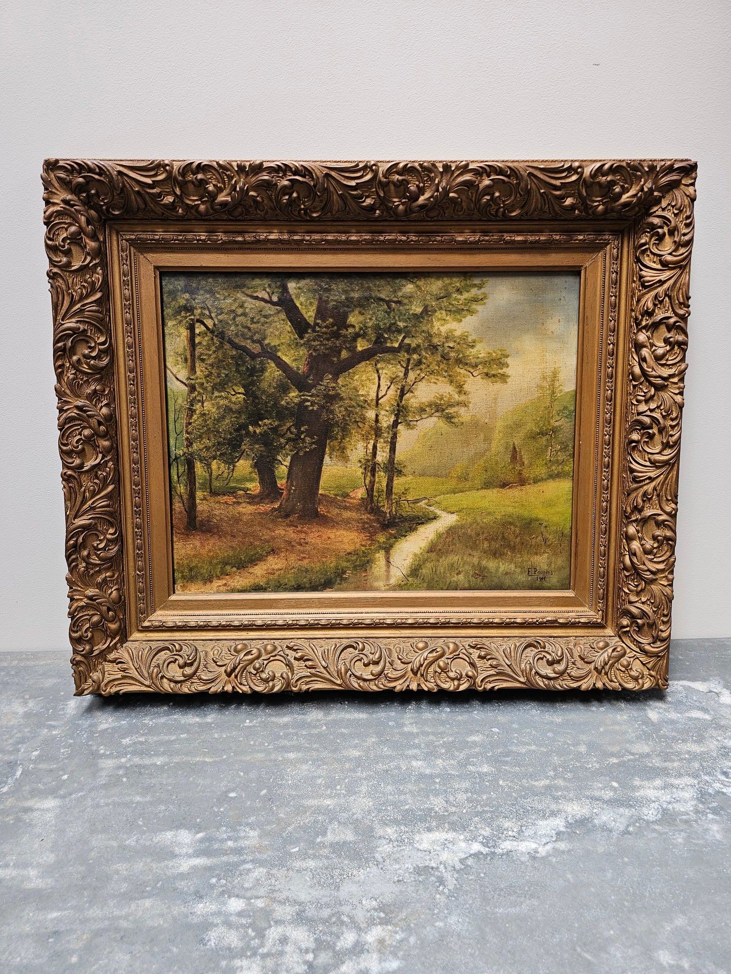 Antique European Framed Forest Scene Painting
