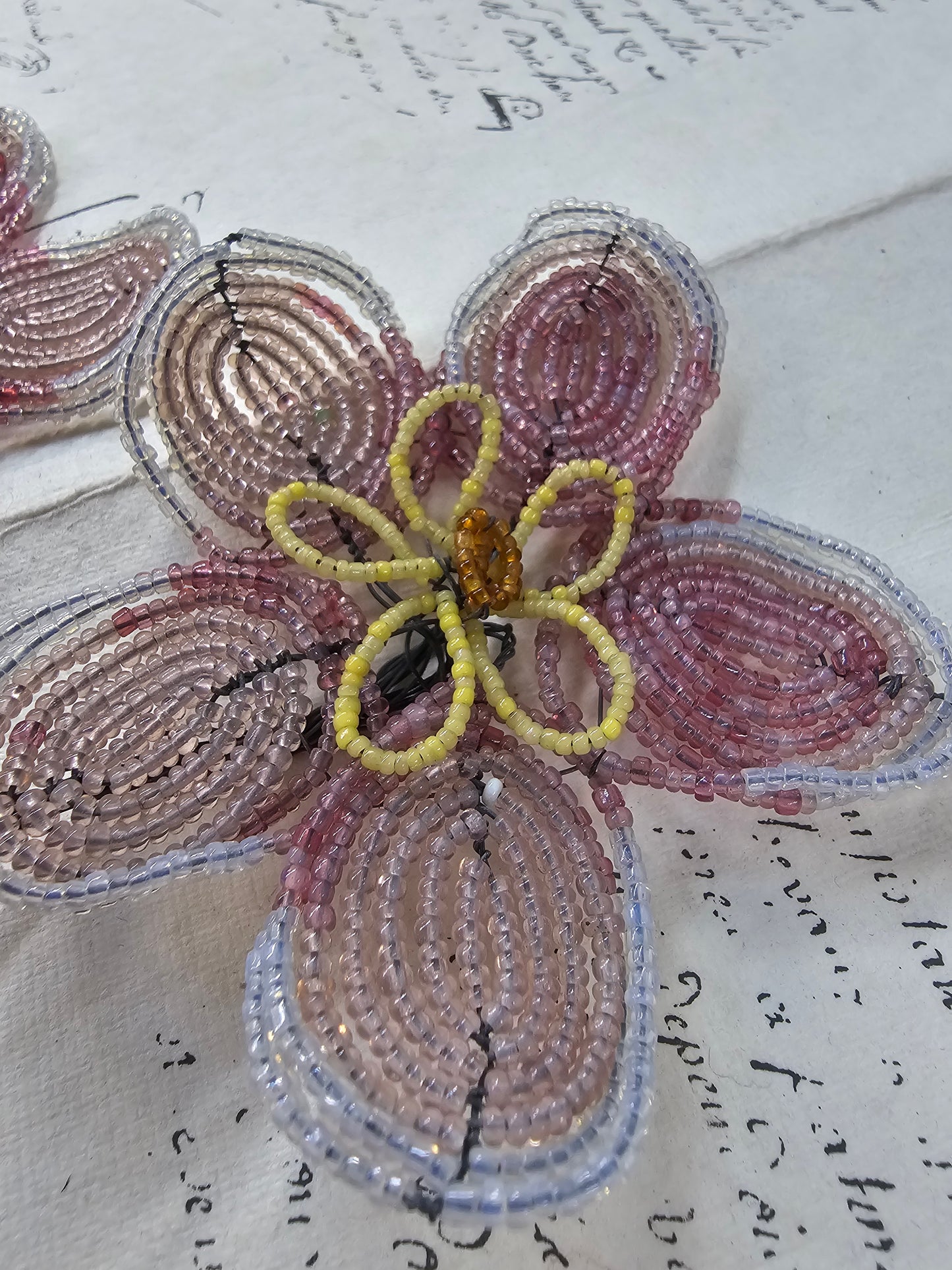 Antique French Glass Beaded Flower Pair