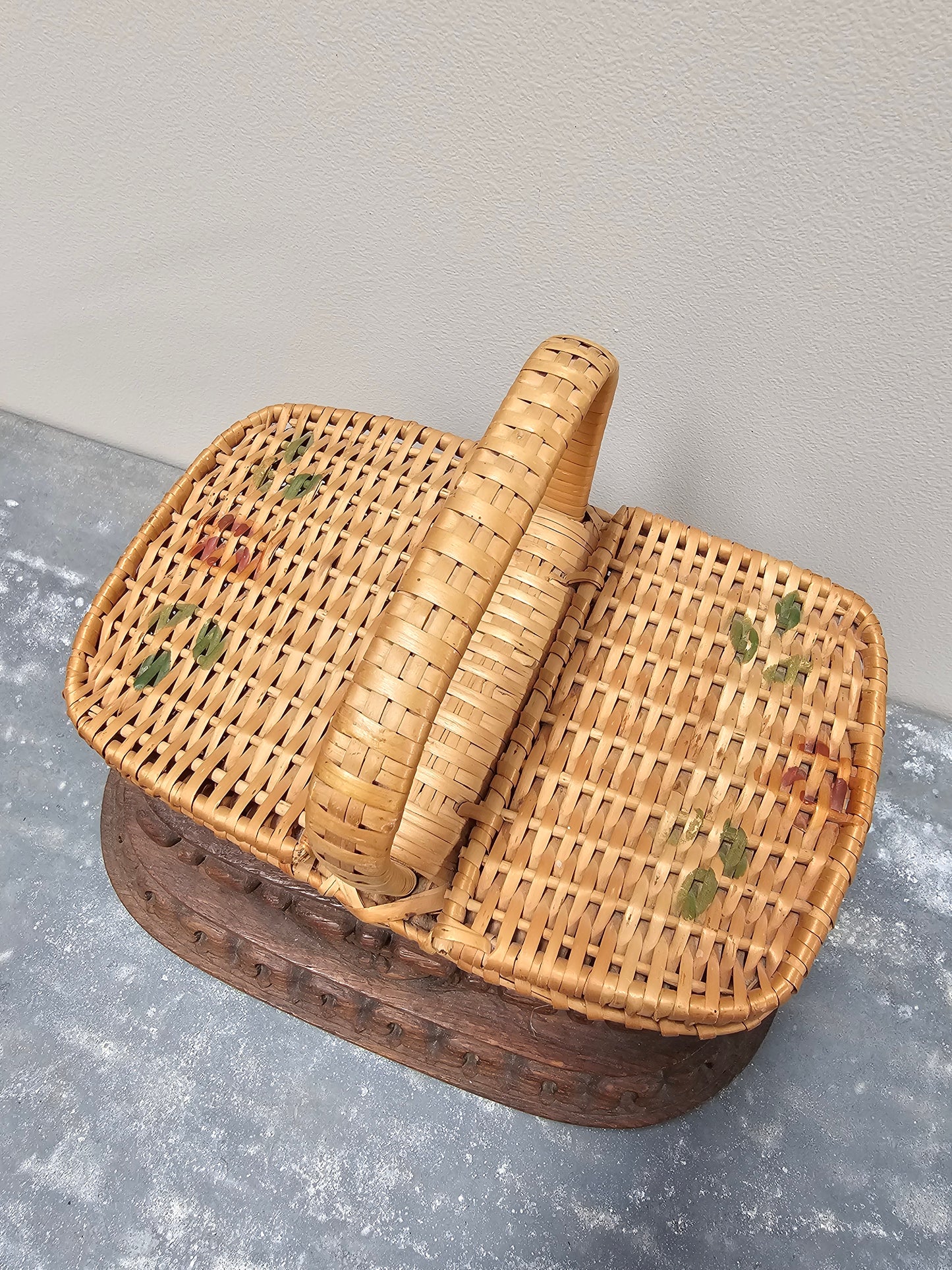 Antique French Petite Floral Cane Picnic/Sewing Basket